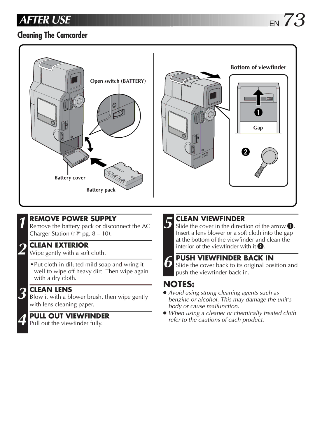 JVC GR DV 3 specifications Cleaning The Camcorder, Remove Power Supply, Clean Lens, Clean Viewfinder, Push Viewfinder Back 