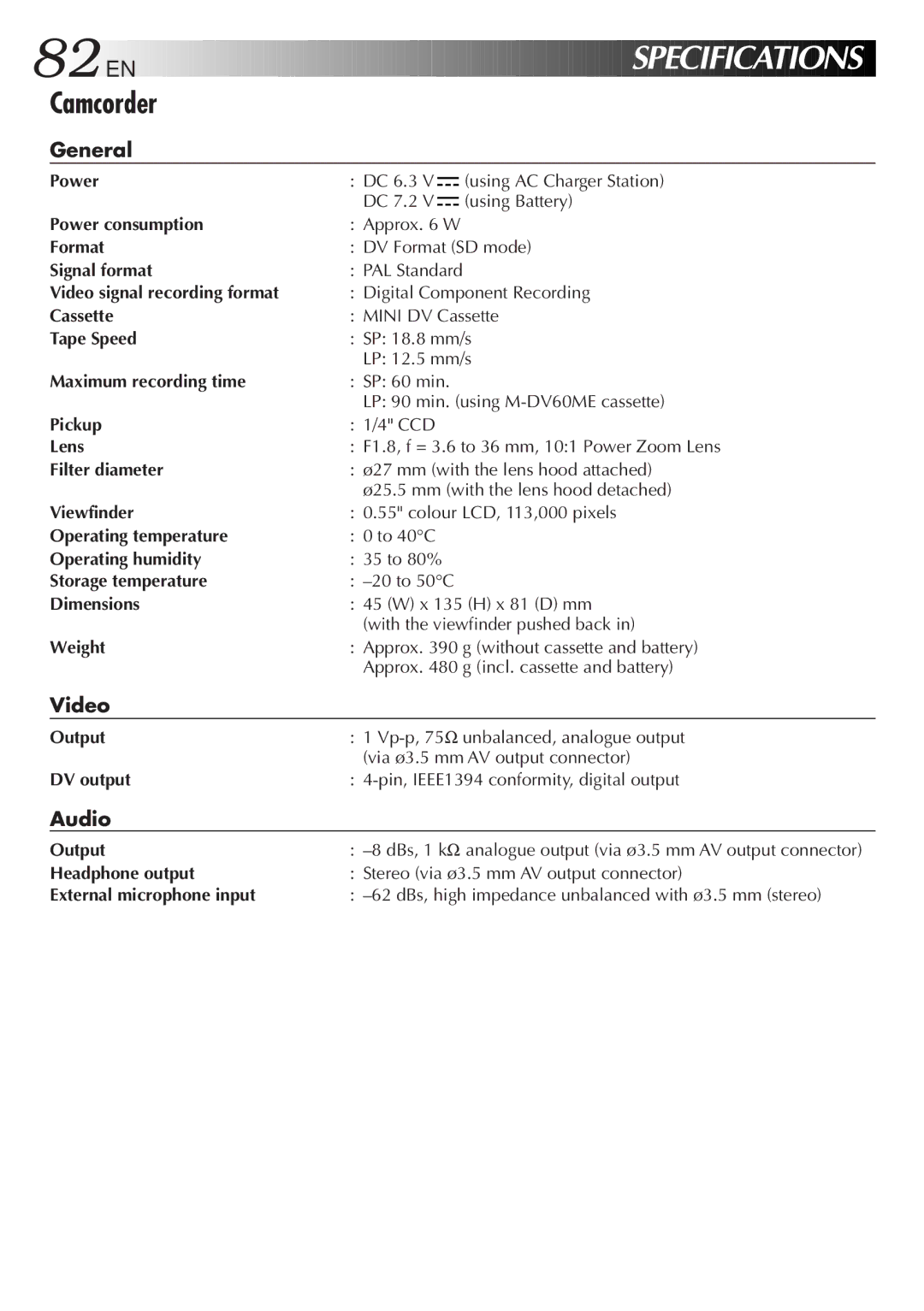 JVC GR DV 3 specifications General, Video, Audio 