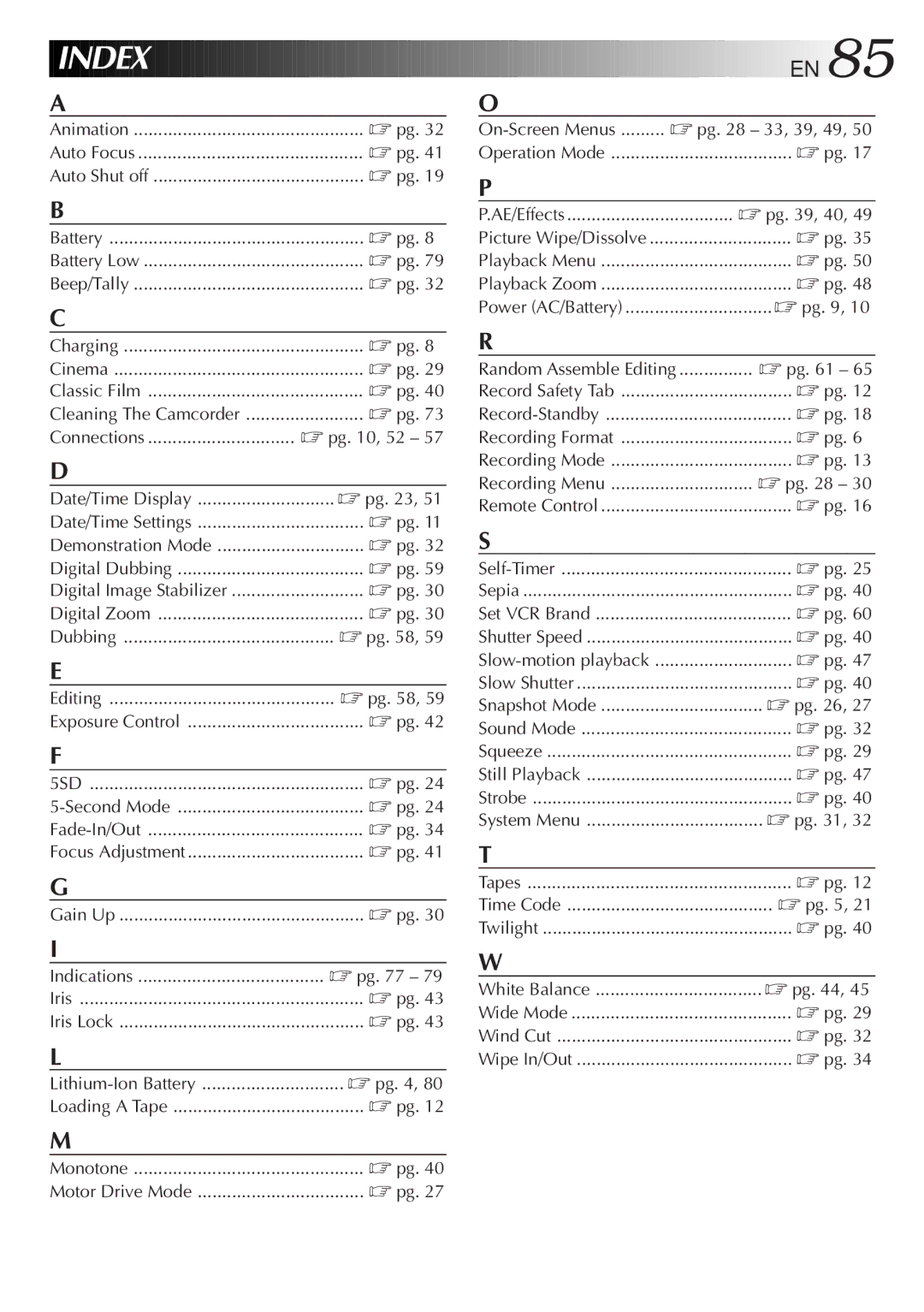 JVC GR DV 3 specifications Index 