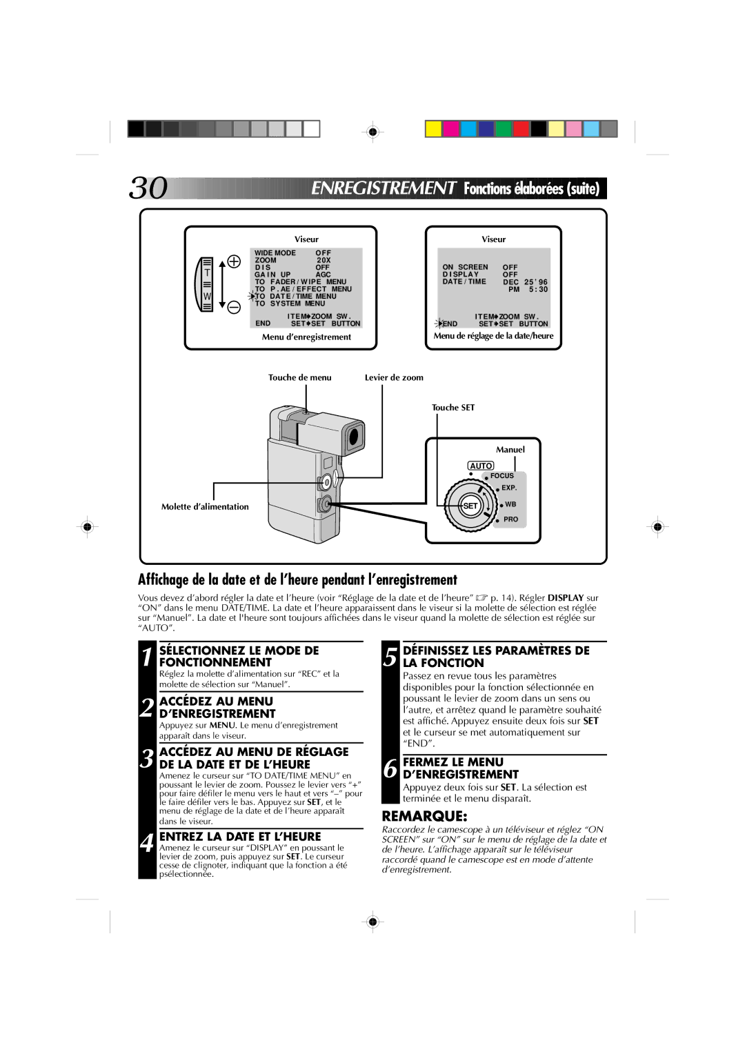 JVC GR-DV1 manual Affichage de la date et de l’heure pendant l’enregistrement, Menu d’enregistrement 