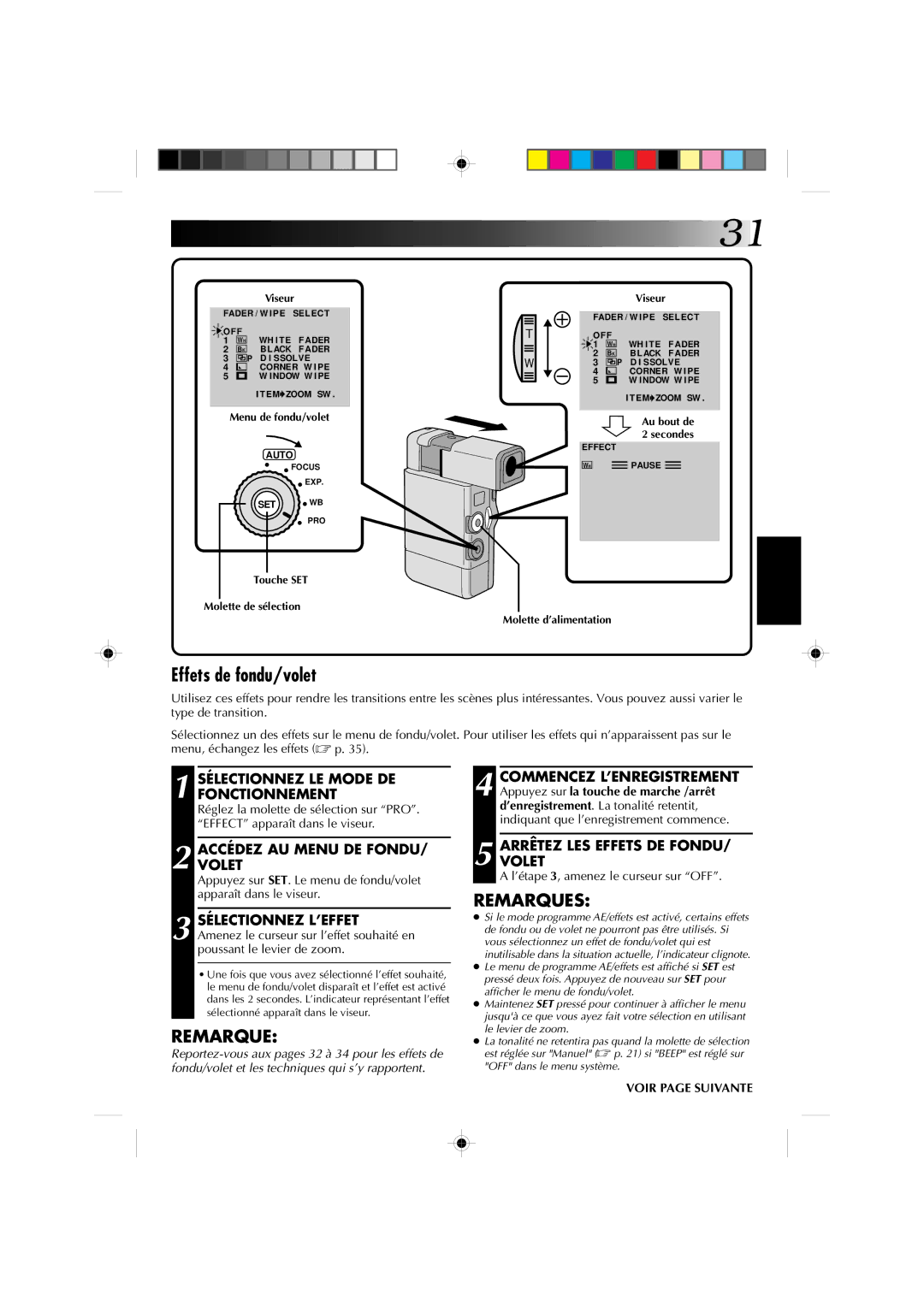 JVC GR-DV1 Effets de fondu/volet, Accédezvolet AU Menu DE Fondu, Arrêtezvolet LES Effets DE Fondu, Voir page Suivante 