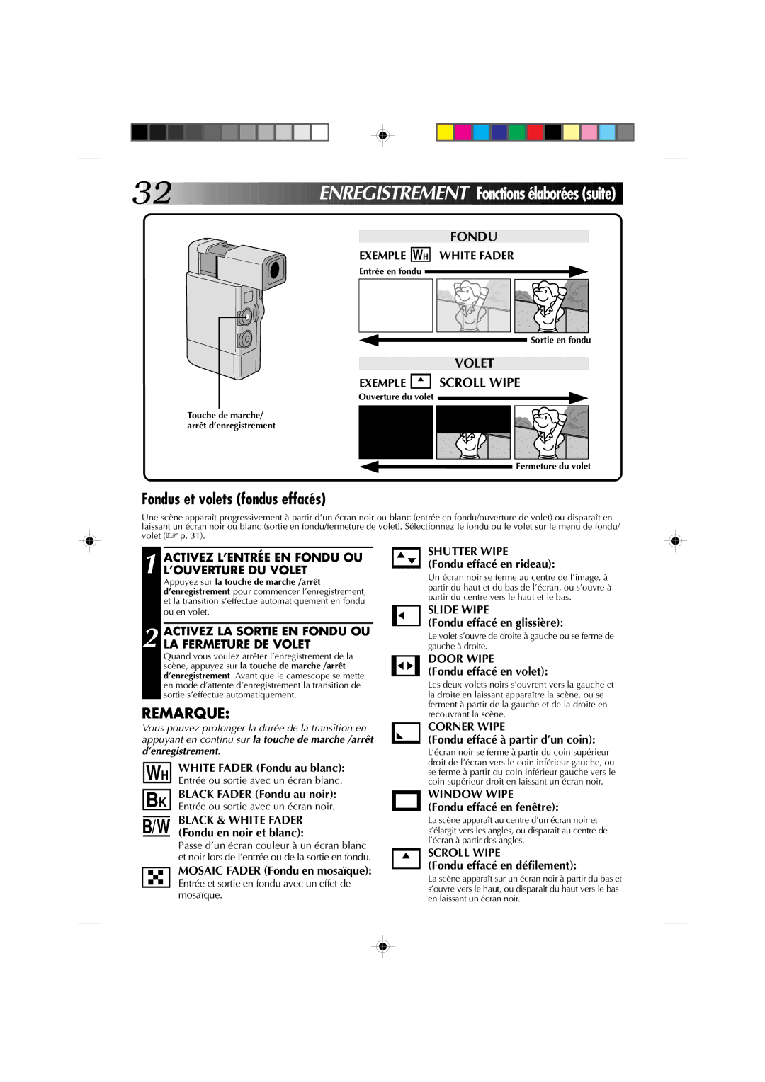 JVC GR-DV1 Fondus et volets fondus effacés, Exemple WH White Fader, Activez L’ENTRÉE EN Fondu OU L’OUVERTURE DU Volet 