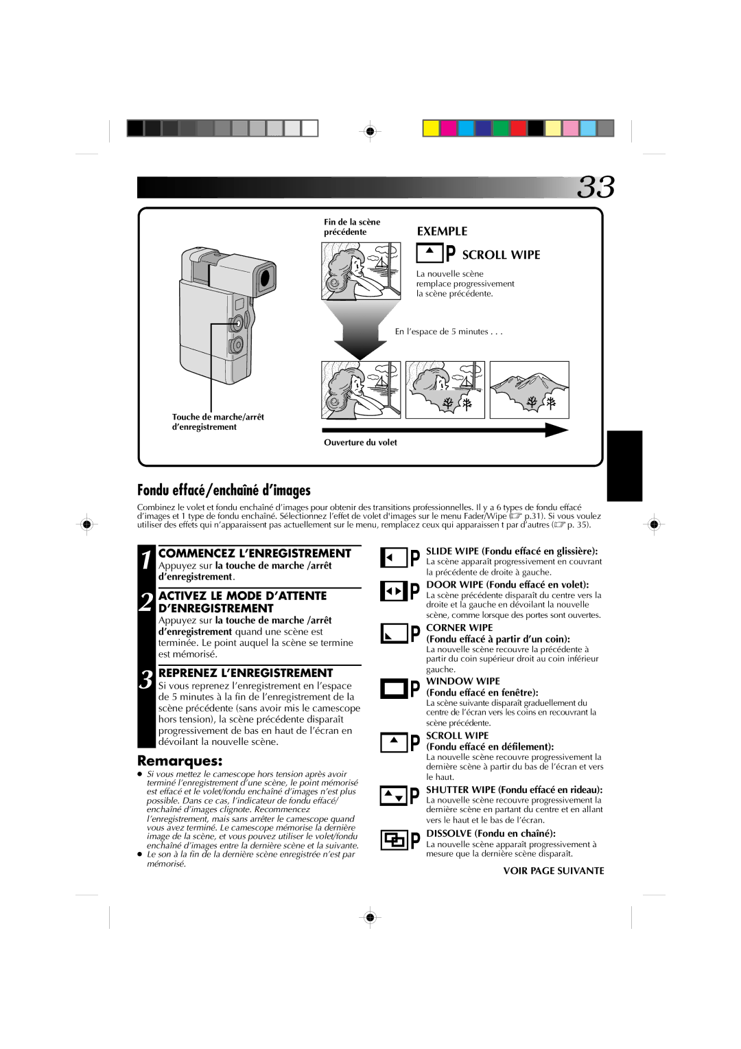 JVC GR-DV1 manual Fondu effacé/enchaîné d’images, Activez LE Mode D’ATTENTE D’ENREGISTREMENT, Reprenez L’ENREGISTREMENT 