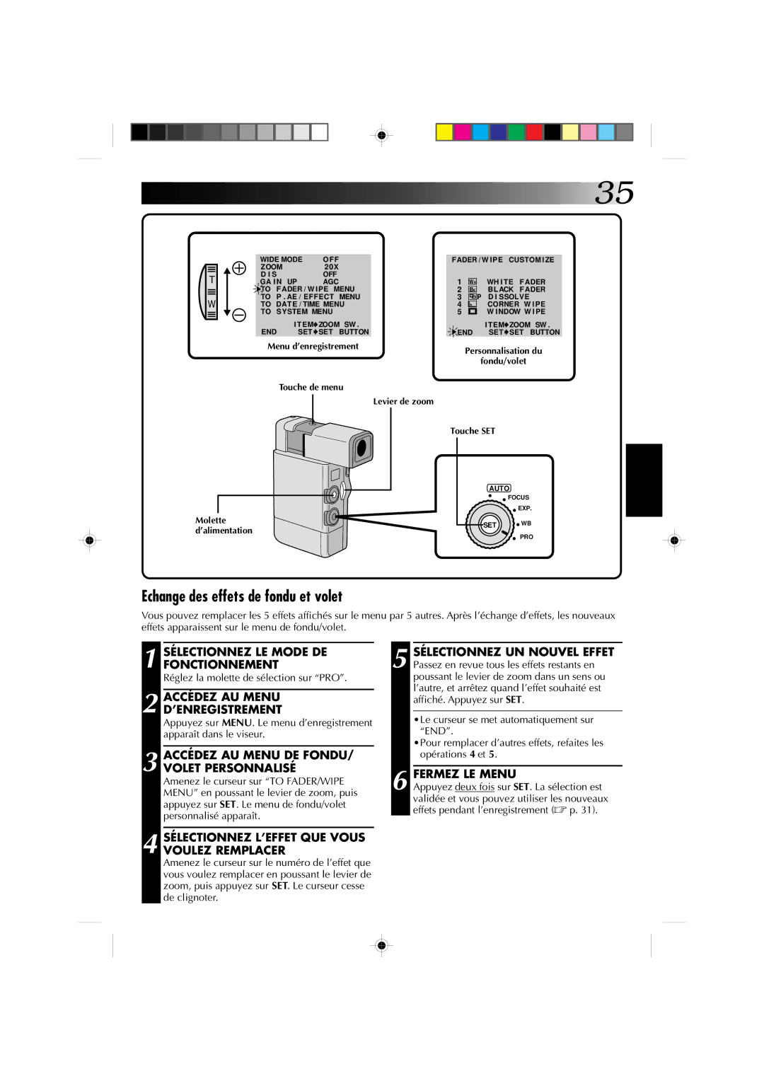 JVC GR-DV1 manual Echange des effets de fondu et volet, ’Enregistrement, Accédez AU Menu DE Fondu 