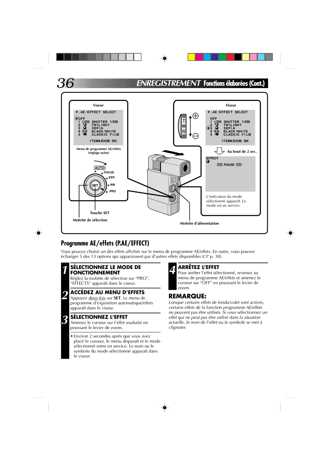 JVC GR-DV1 Programme AE/effets P.AE/EFFECT, Arrêtez L’EFFET, Touche SET Molette de sélection Viseur, Au bout de 2 sec 