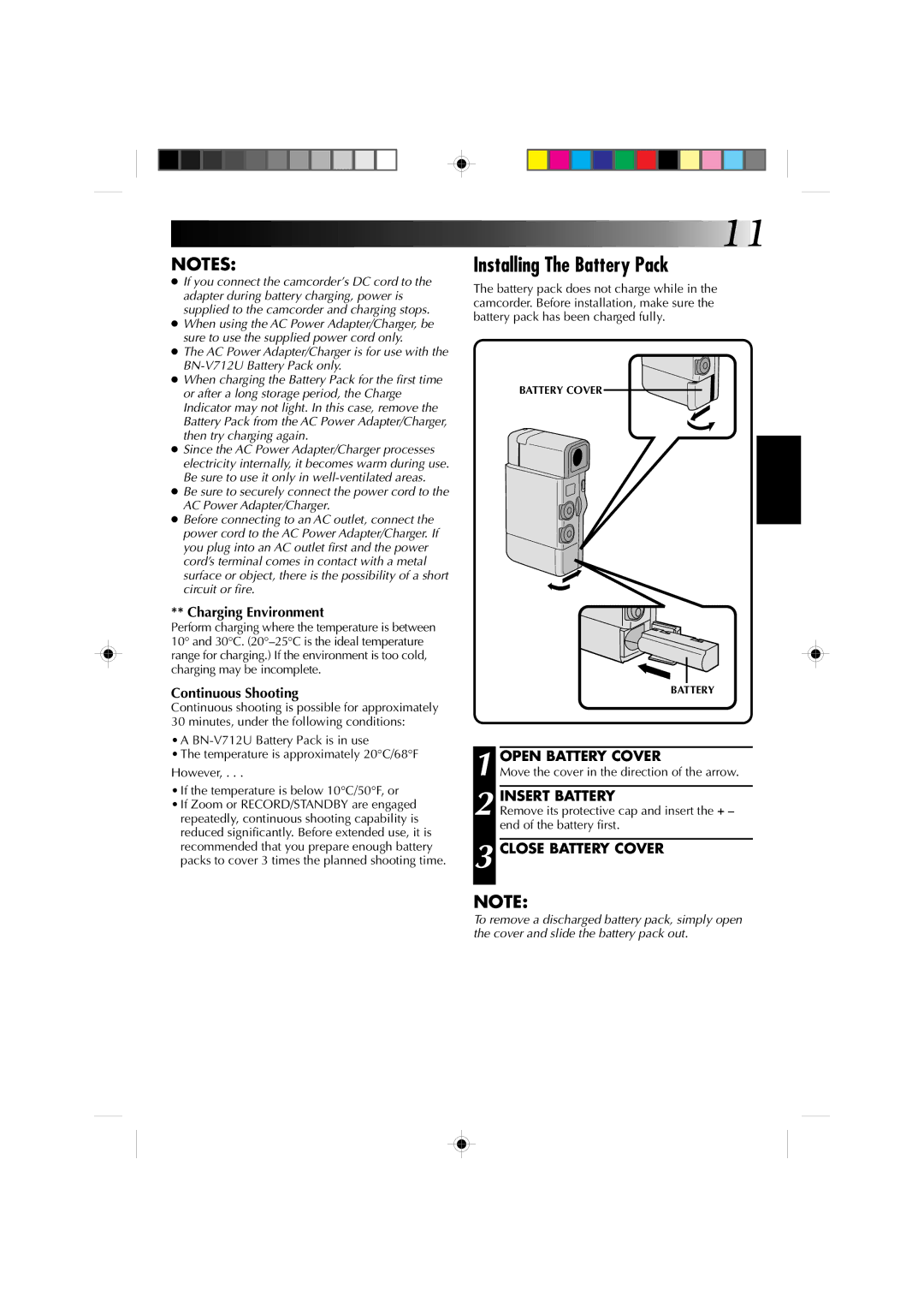 JVC GR-DV1 manual Installing The Battery Pack, Open Battery Cover, Insert Battery, Close Battery Cover 