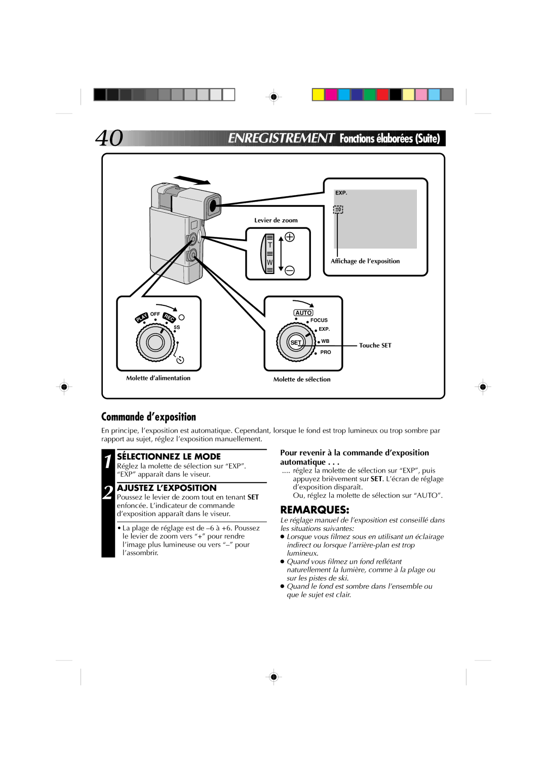 JVC GR-DV1 manual Commande d’exposition, Ajustez L’EXPOSITION, Pour revenir à la commande d’exposition automatique 