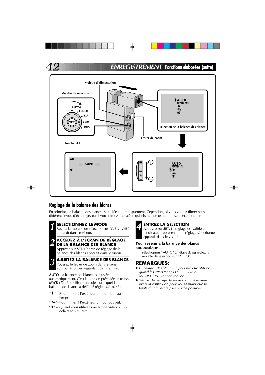 JVC GR-DV1 manual Réglage de la balance des blancs, Accédez À L’ÉCRAN DE Réglage DE LA Balance DES Blancs 