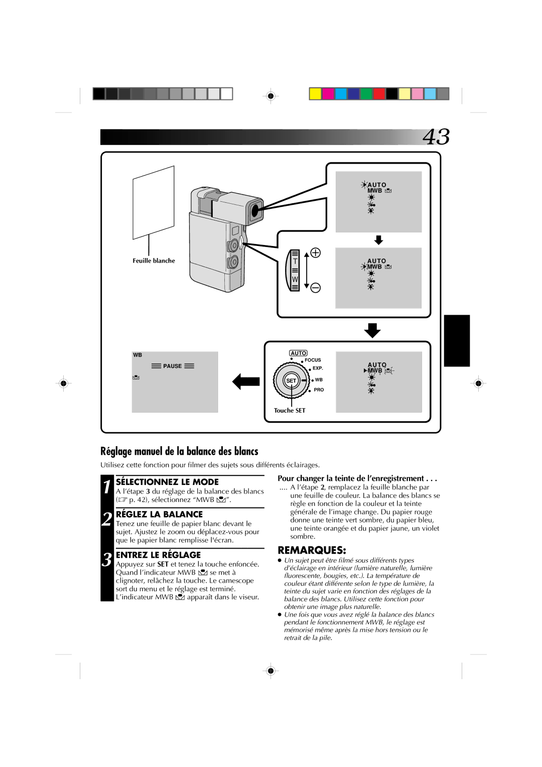 JVC GR-DV1 manual Réglage manuel de la balance des blancs, Réglez LA Balance, Entrez LE Réglage, Feuille blanche 