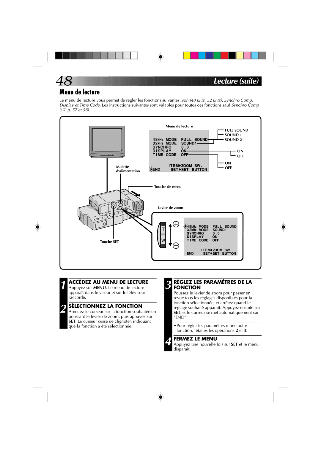 JVC GR-DV1 manual Le cture suite, Menu de lecture, Accédez AU Menu DE Lecture Réglez LES Paramètres DE LA, Fonction 