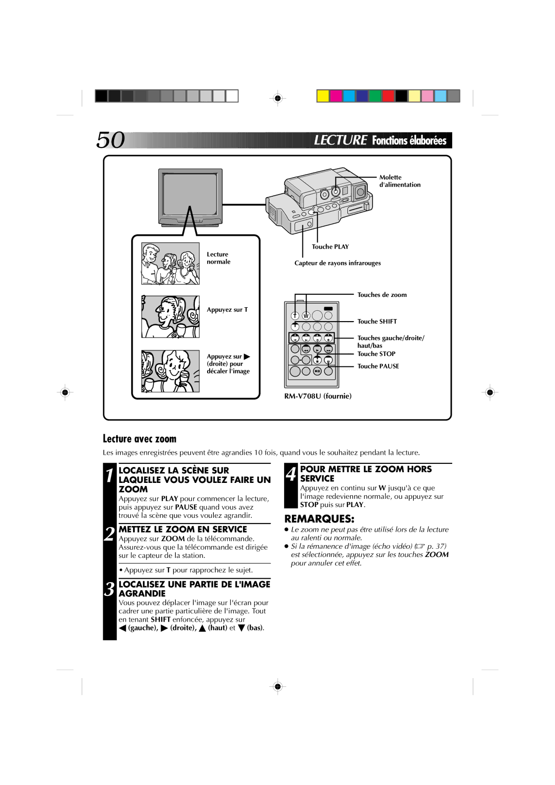 JVC GR-DV1 Lecture avec zoom, Localisez LA Scène SUR Laquelle Vous Voulez Faire UN Zoom, Pour Mettre LE Zoom Hors Service 