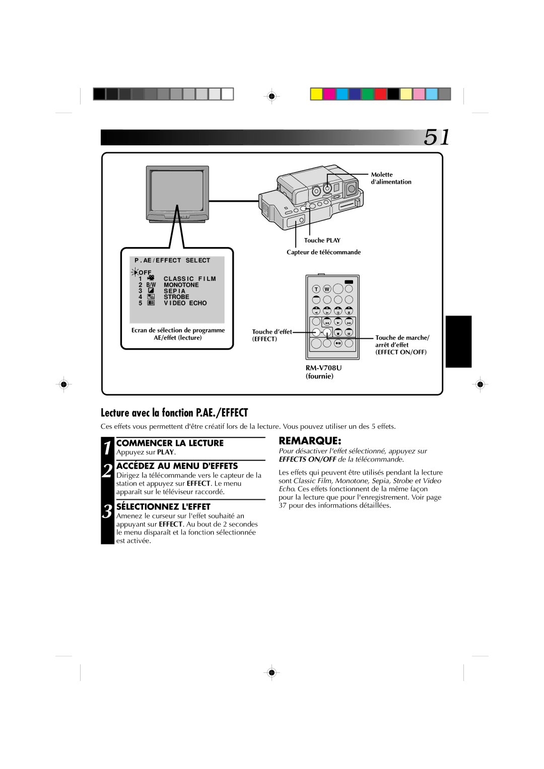 JVC GR-DV1 manual Lecture avec la fonction P.AE./EFFECT, Arrêt d’effet 