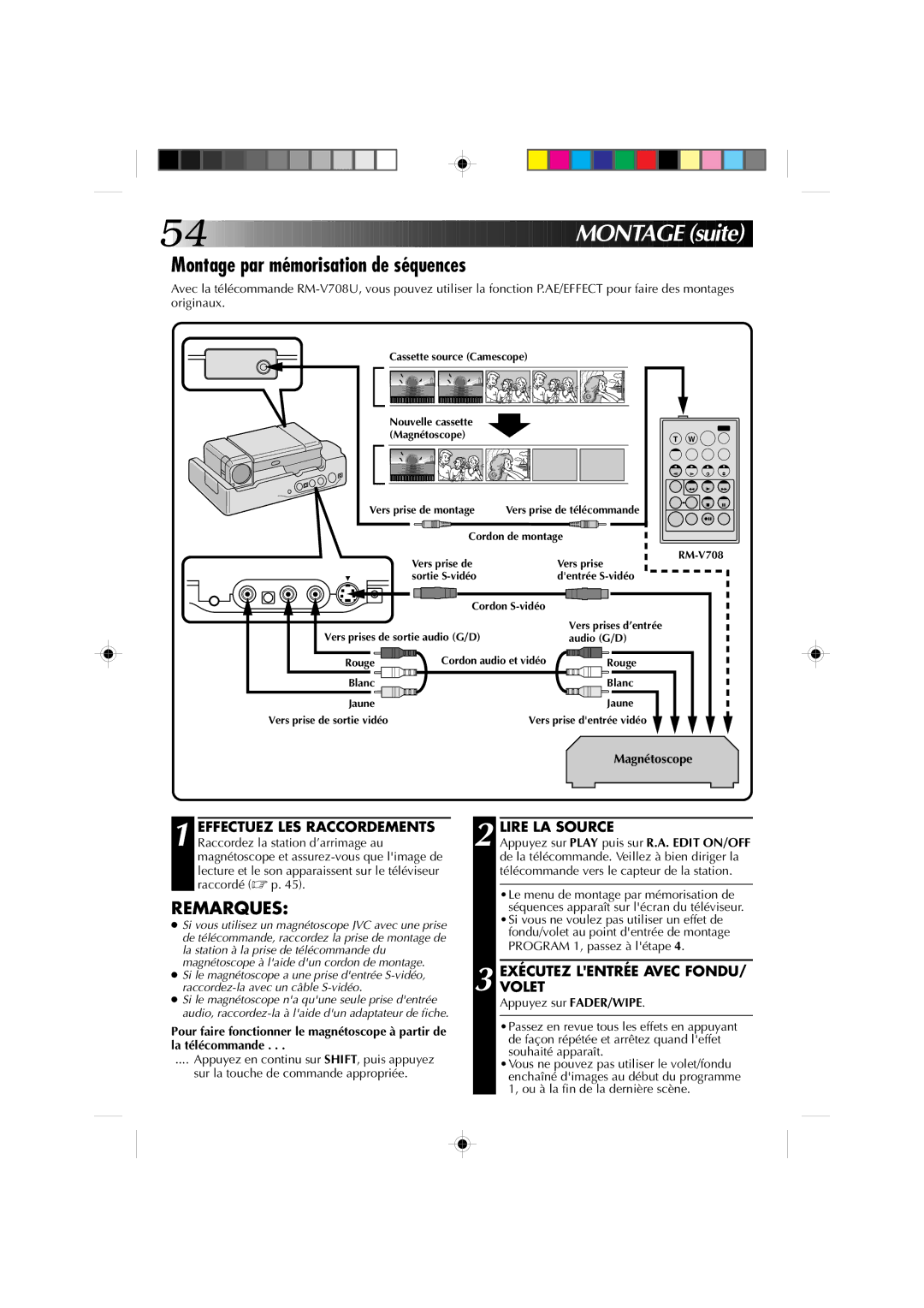 JVC GR-DV1 manual Ontage suite, Montage par mémorisation de séquences, Lire LA Source, Exécutezvolet Lentrée Avec Fondu 