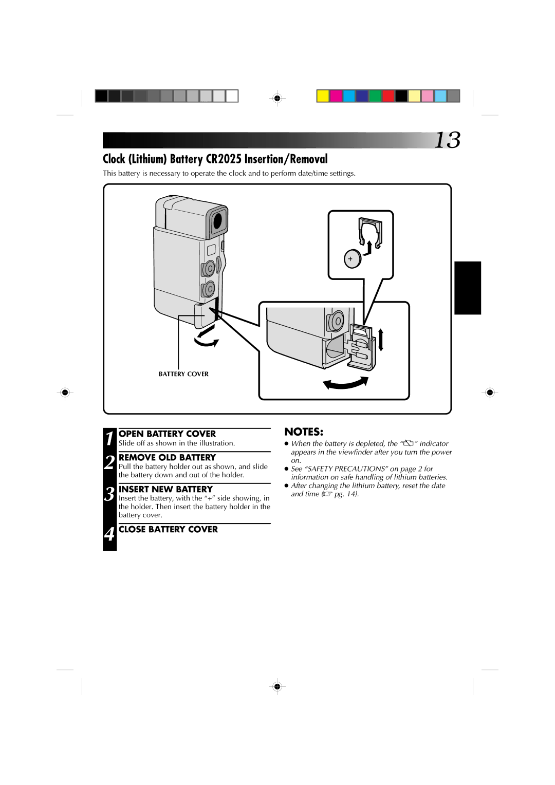 JVC GR-DV1 manual Clock Lithium Battery CR2025 Insertion/Removal, Remove OLD Battery, Insert NEW Battery 