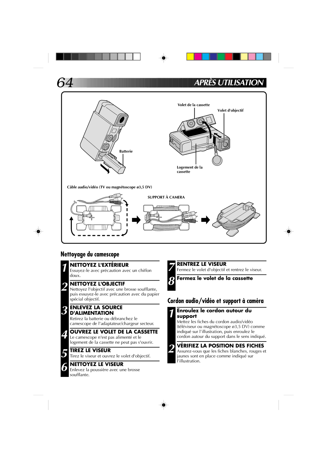 JVC GR-DV1 manual Après Utilis Ation, Nettoyage du camescope, Cordon audio/vidéo et support à caméra 