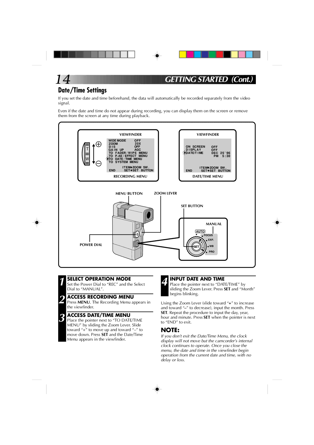 JVC GR-DV1 manual Date/Time Settings, Select Operation Mode, Access Recording Menu, Input Date and Time 