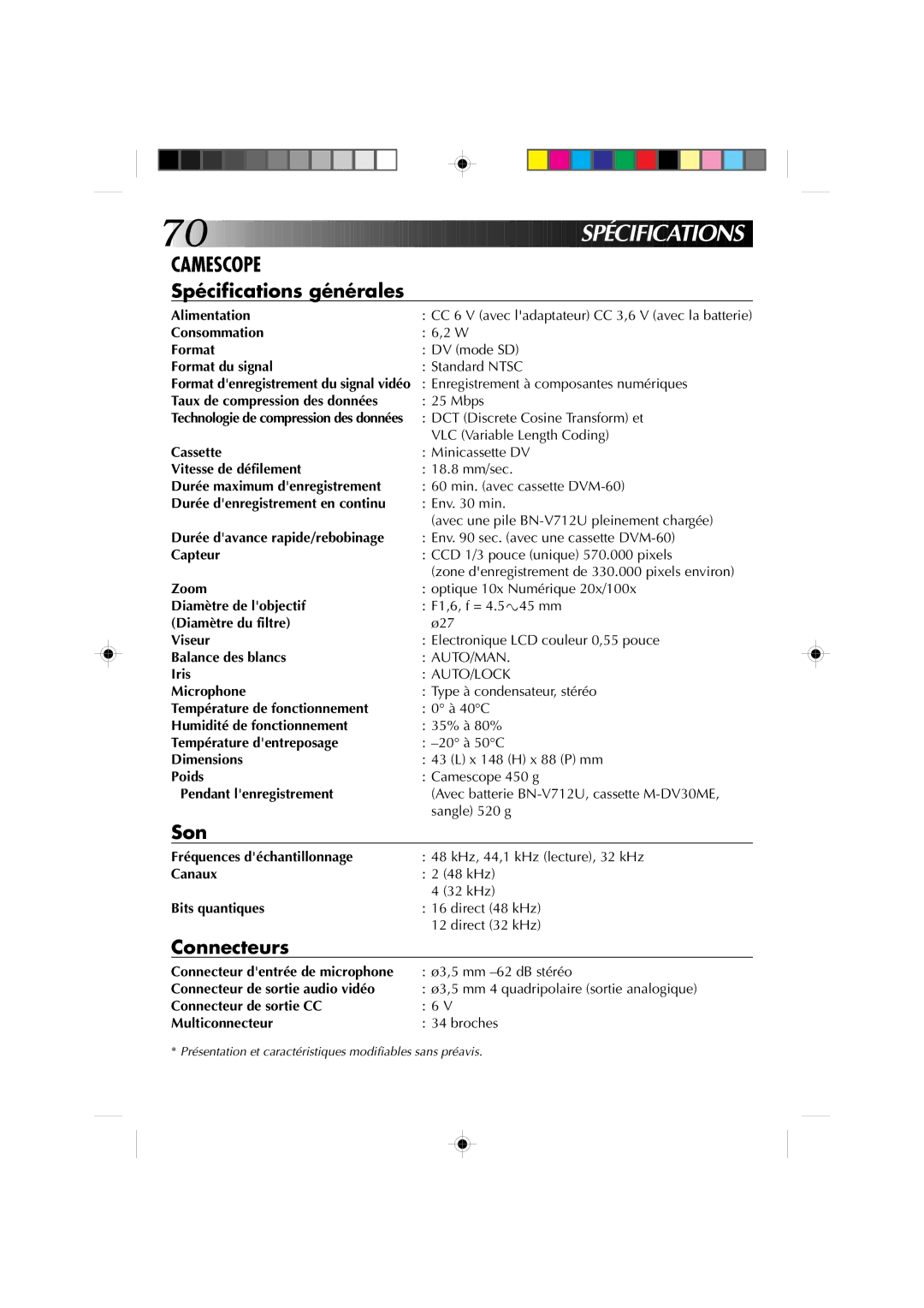 JVC GR-DV1 manual Spécifications générales, Connecteurs 