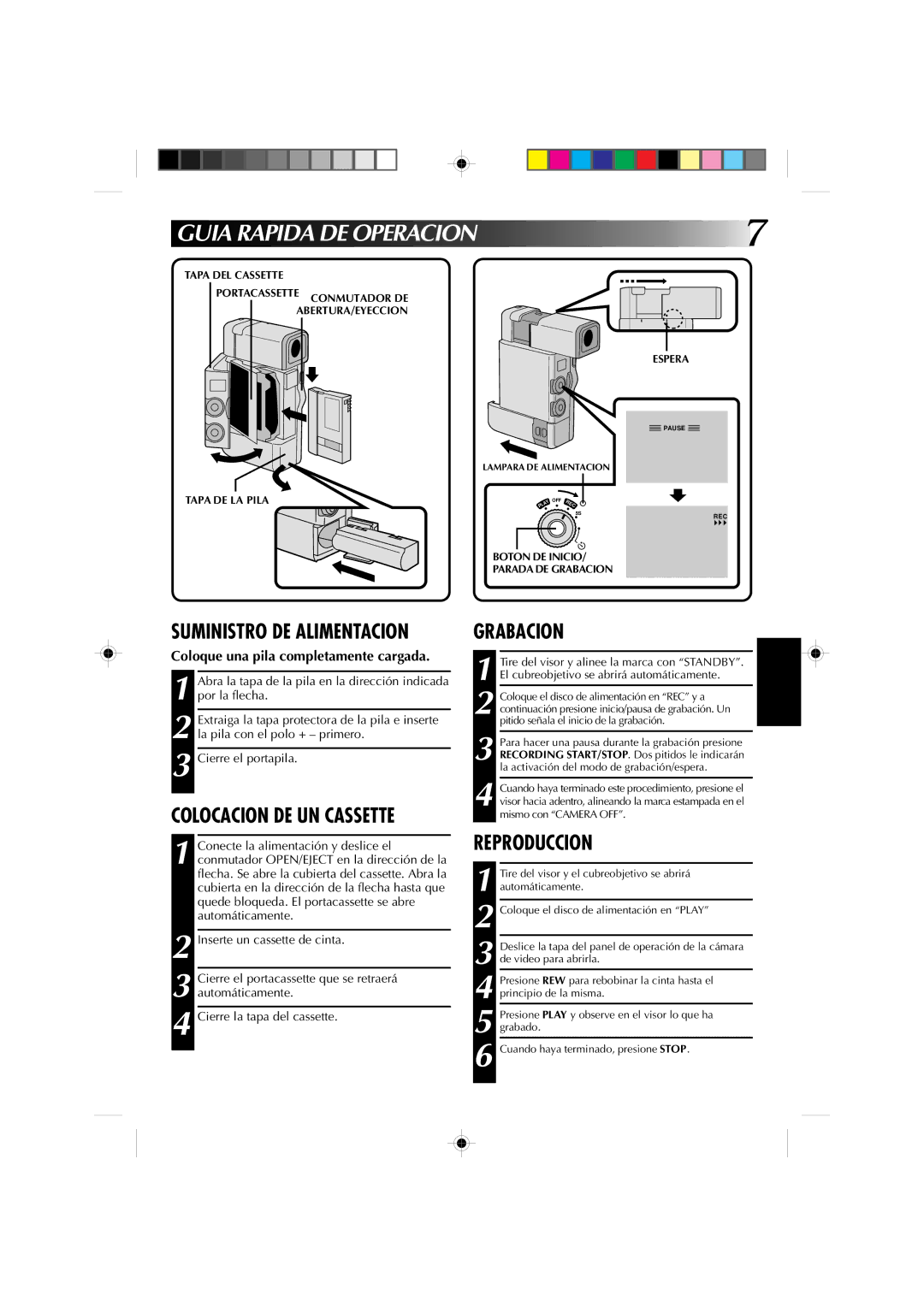 JVC GR-DV1 manual Guia Rapida DE Operacion, Coloque una pila completamente cargada 