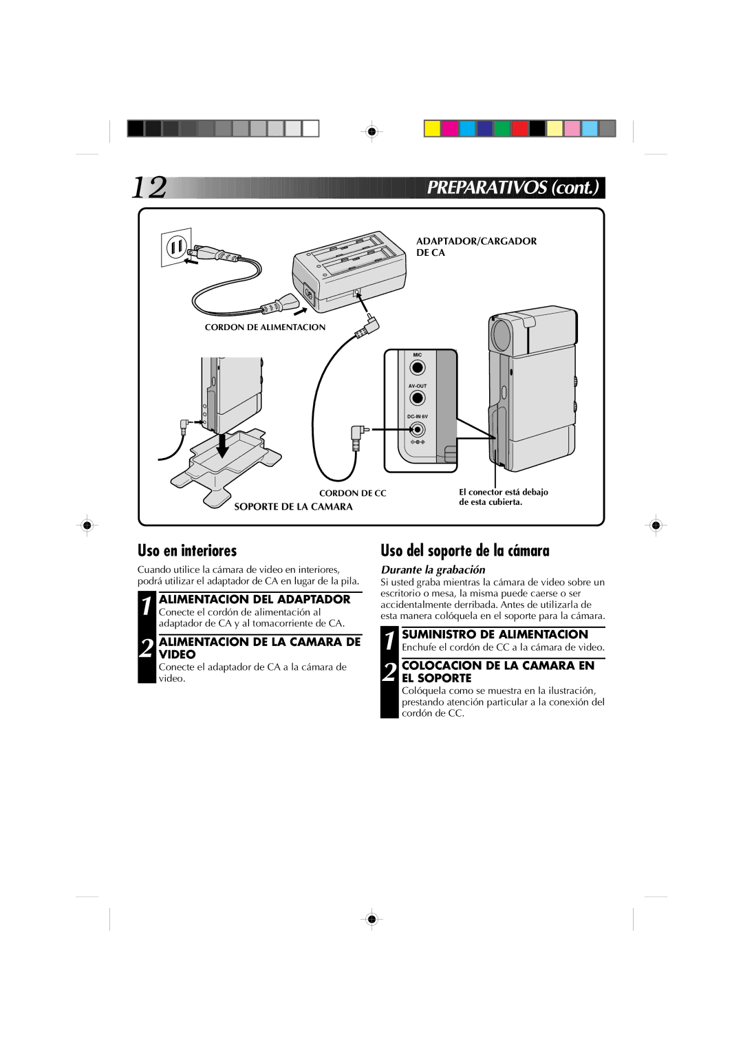 JVC GR-DV1 manual Prepara T Ivos, Uso en interiores, Uso del soporte de la cámara, Alimentacionvideo DE LA Camara DE 