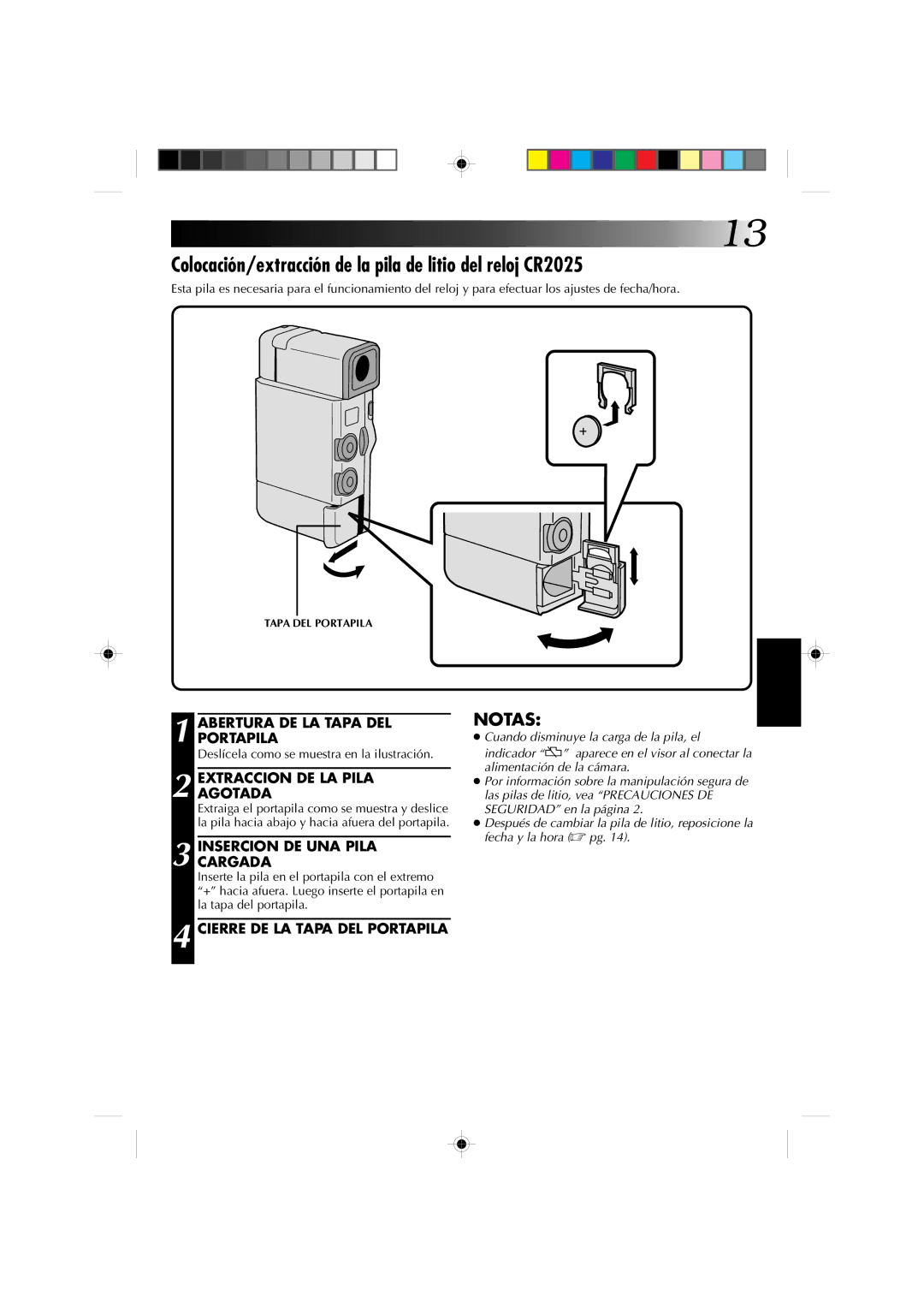 JVC GR-DV1 manual Colocación/extracción de la pila de litio del reloj CR2025, Extraccionagotada DE LA Pila 