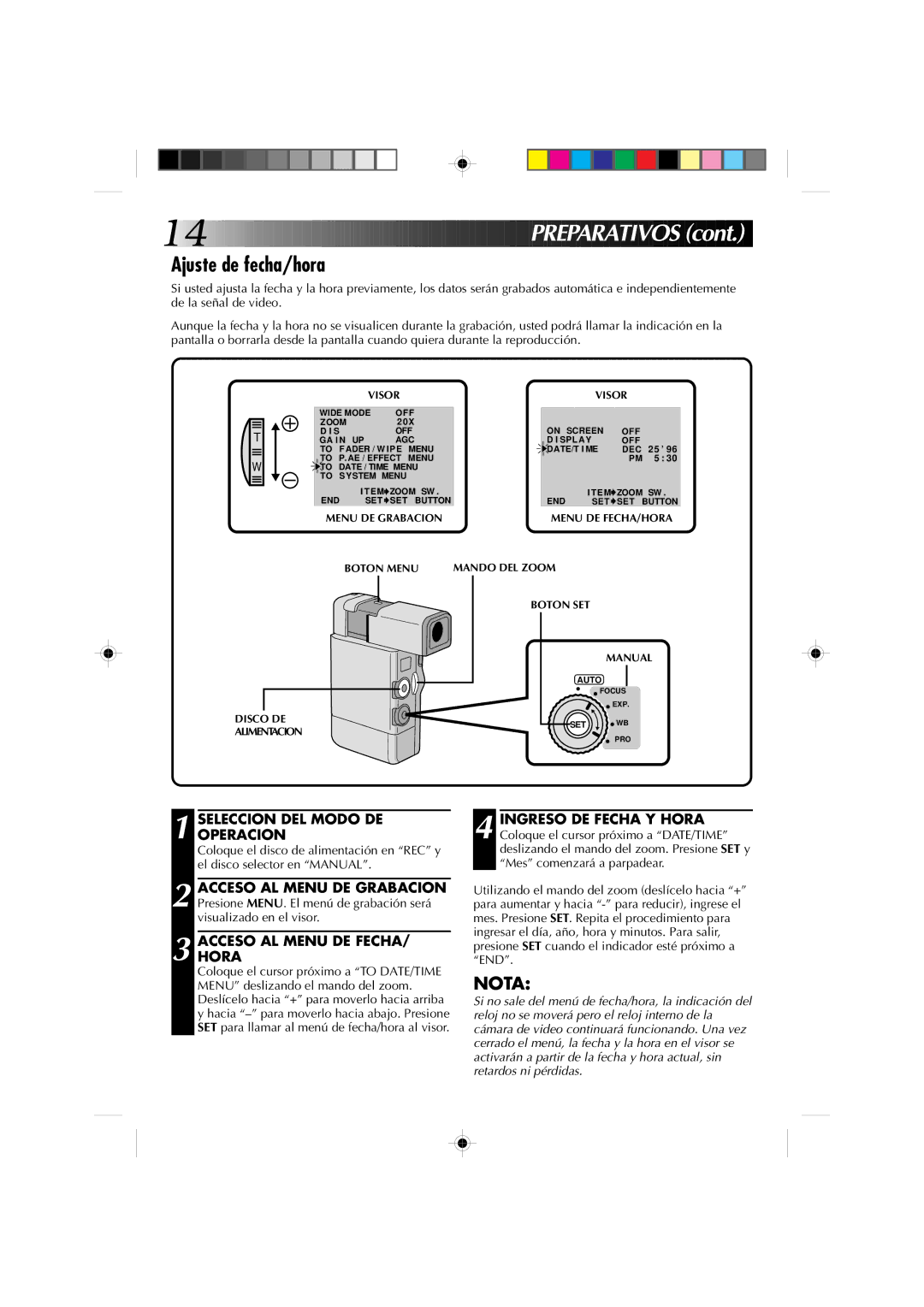 JVC GR-DV1 manual Ajuste de fecha/hora, Seleccion DEL Modo DE Operacion, Accesohora AL Menu DE Fecha 