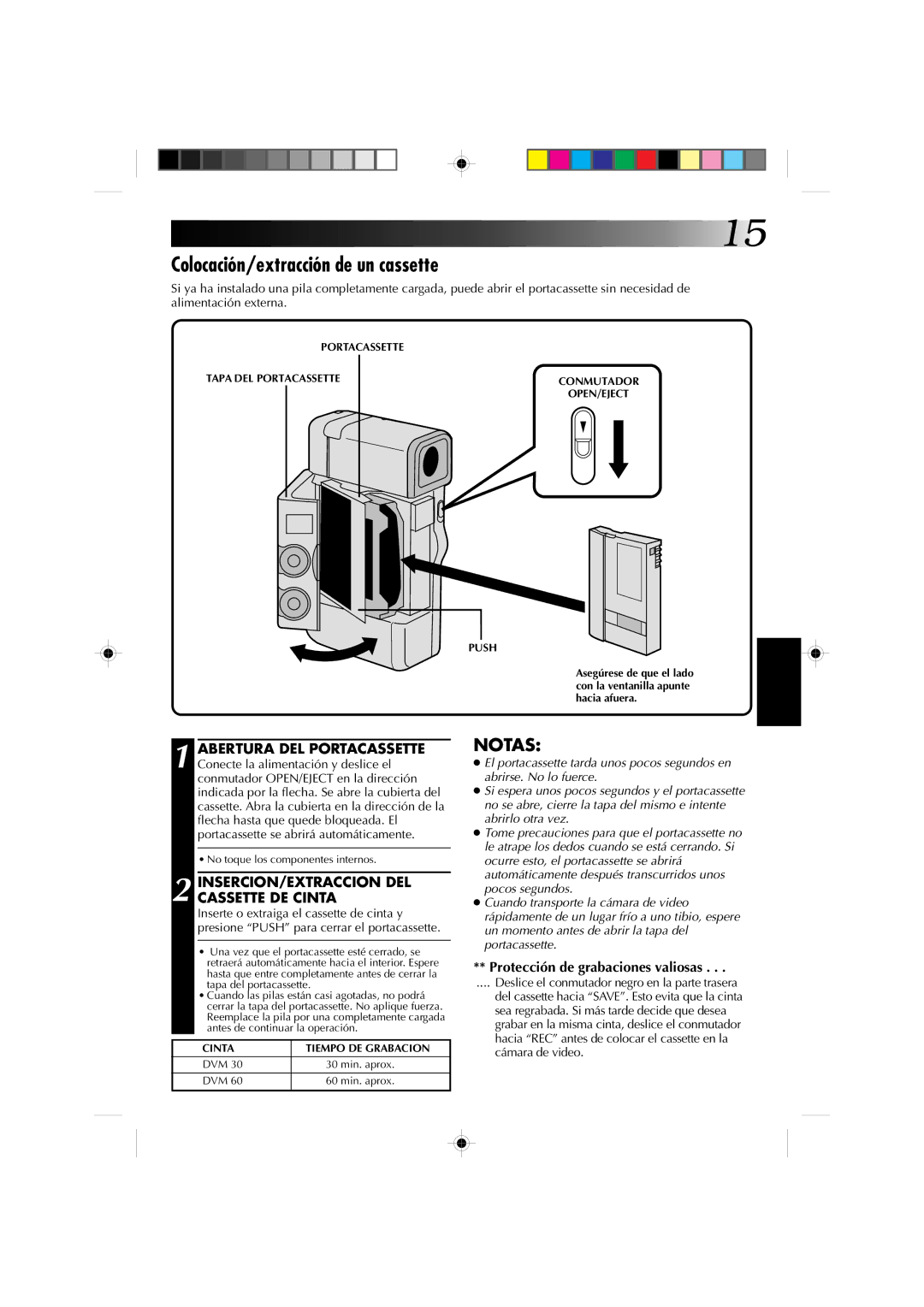 JVC GR-DV1 manual Colocación/extracción de un cassette, INSERCION/EXTRACCION DEL Cassette DE Cinta 