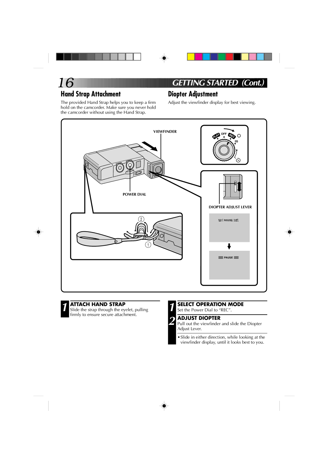 JVC GR-DV1 manual Hand Strap Attachment, Diopter Adjustment, Attach Hand Strap, Adjust Diopter 