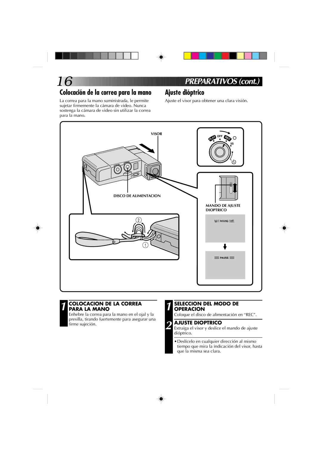 JVC GR-DV1 manual Ajuste dióptrico, Colocacion DE LA Correa Para LA Mano, Ajuste Dioptrico 