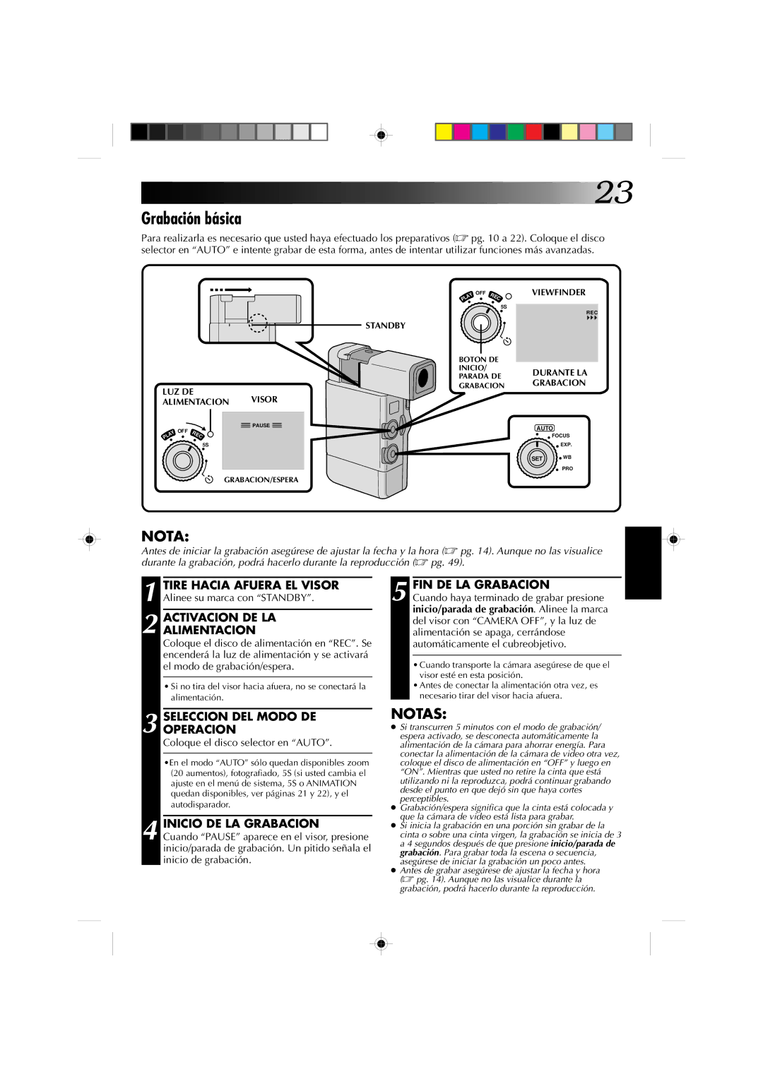 JVC GR-DV1 manual Grabación básica, Activacion DE LA Alimentacion, FIN DE LA Grabacion, Coloque el disco selector en Auto 