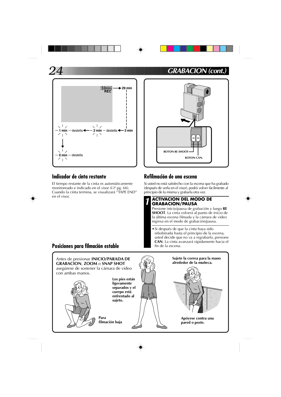 JVC GR-DV1 manual Indicador de cinta restante, Posiciones para filmación estable, Refilmación de una escena 