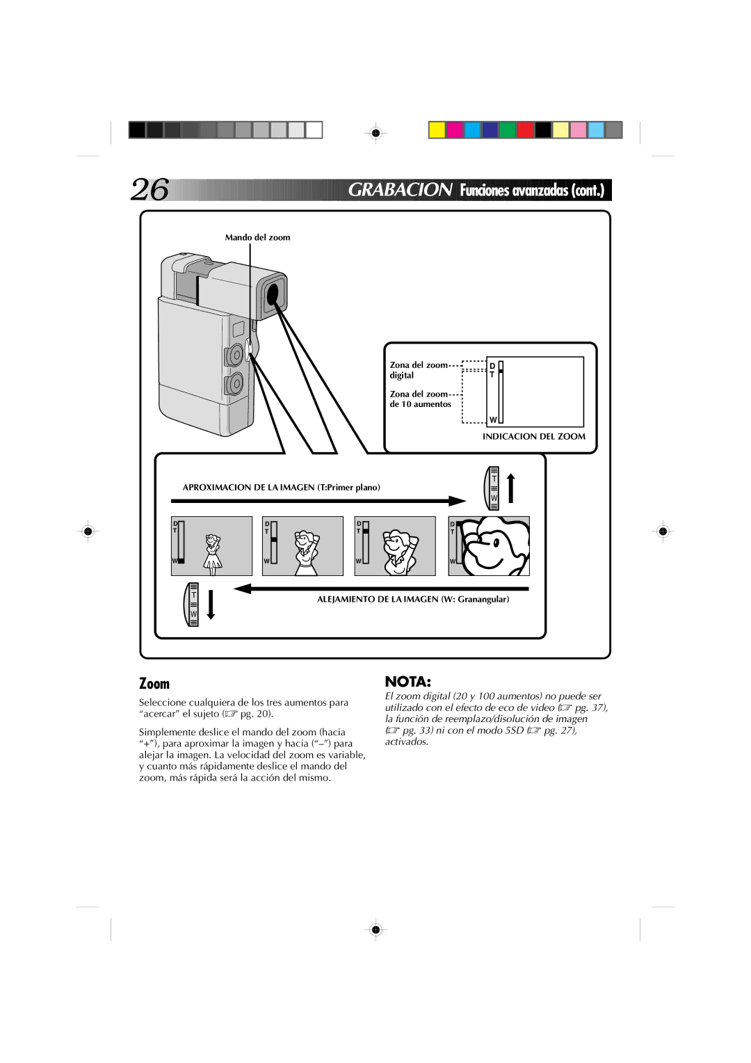 JVC GR-DV1 manual Gra B Ac Ion, Mando del zoom Zona del zoom digital 