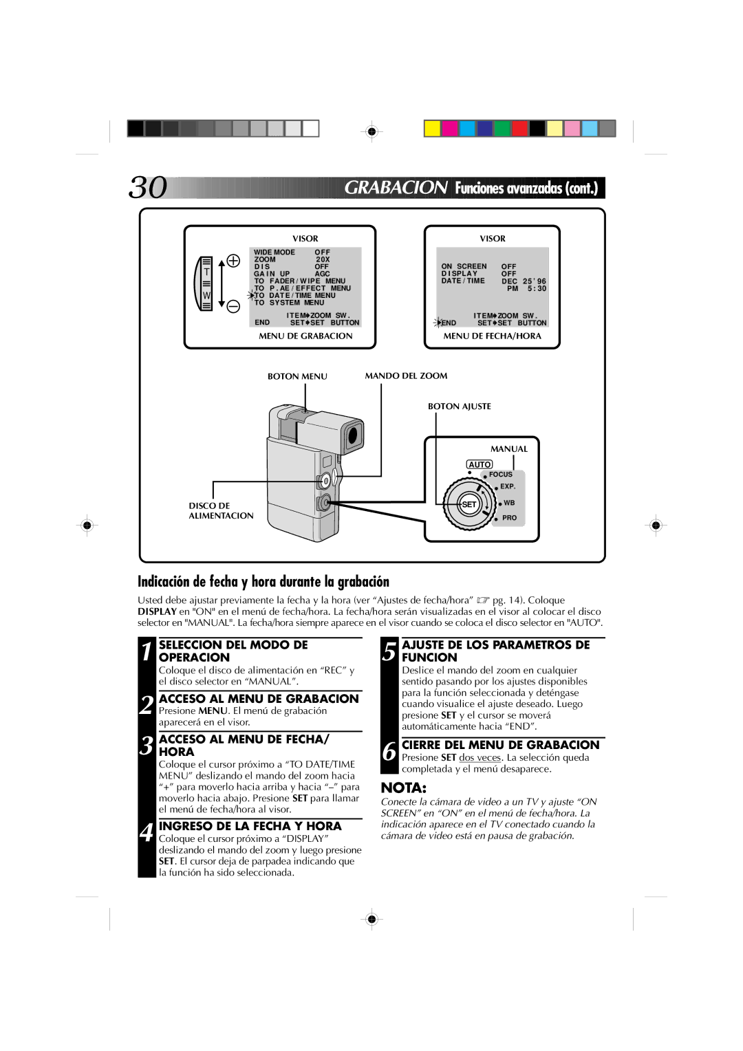 JVC GR-DV1 manual Indicación de fecha y hora durante la grabación, Seleccion DEL Modo DE Operacion 