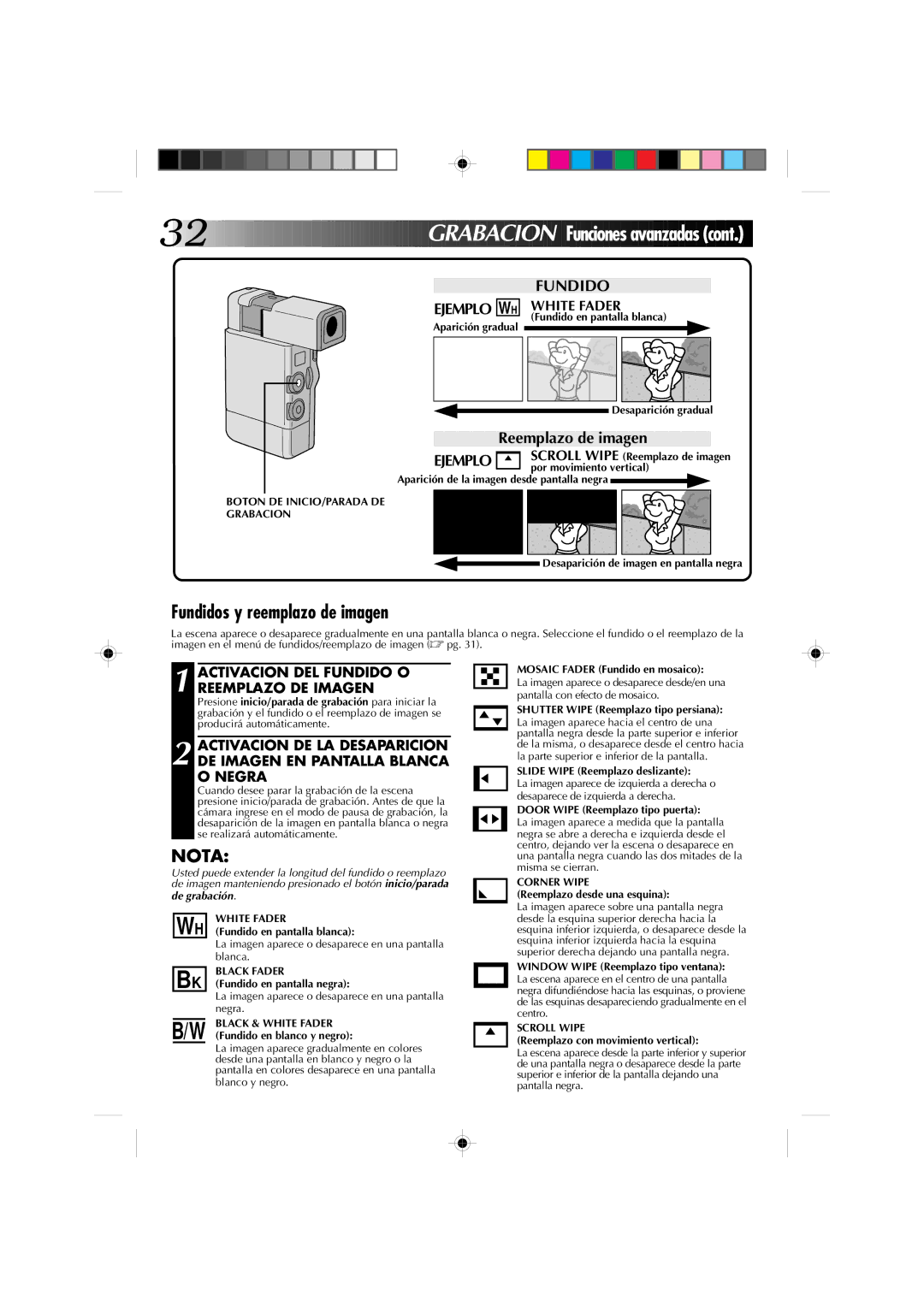 JVC GR-DV1 manual Fundidos y reemplazo de imagen, Reemplazo de imagen, Ejemplo W H White Fader 