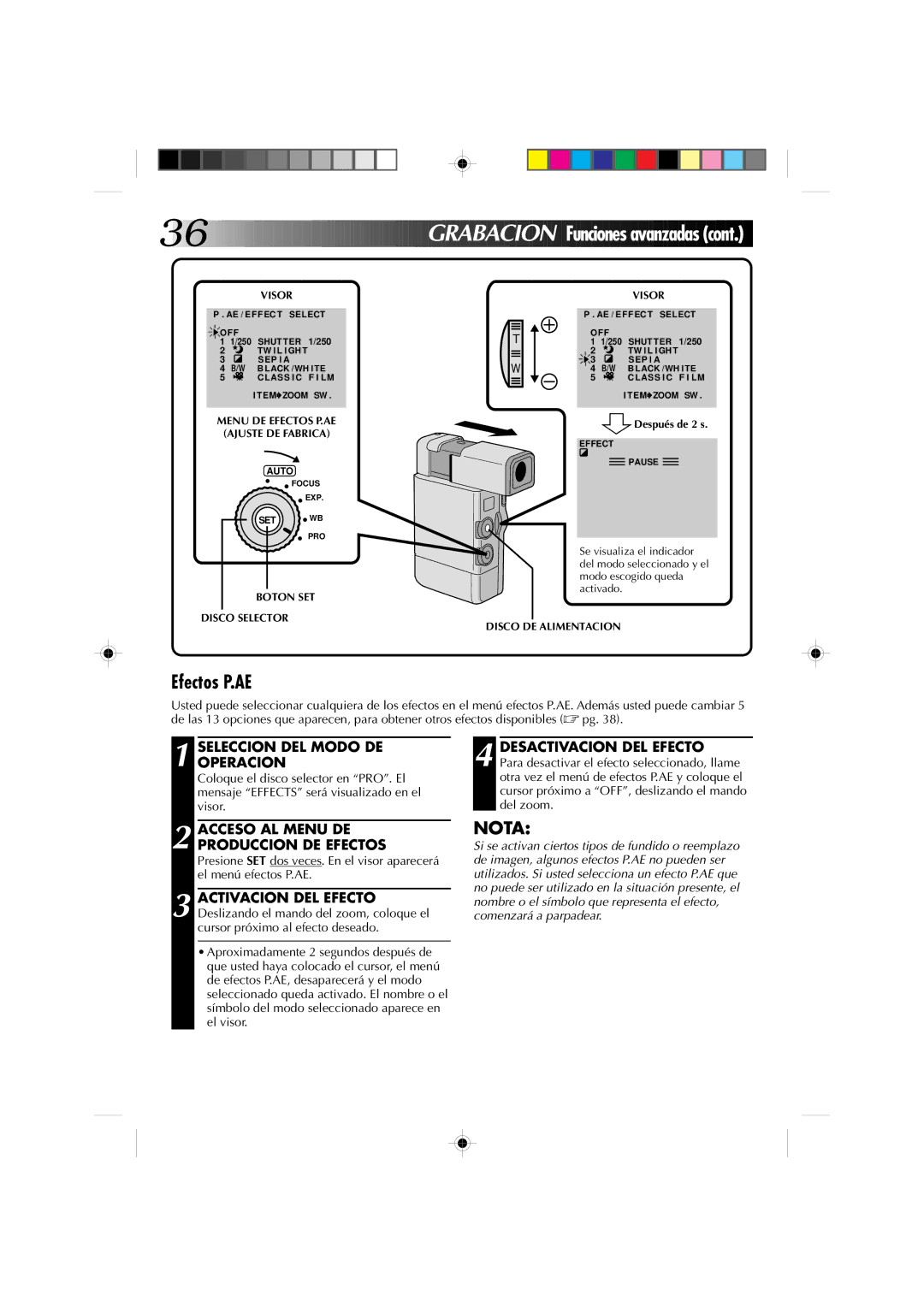 JVC GR-DV1 manual Efectos P.AE, Acceso AL Menu DE Produccion DE Efectos 