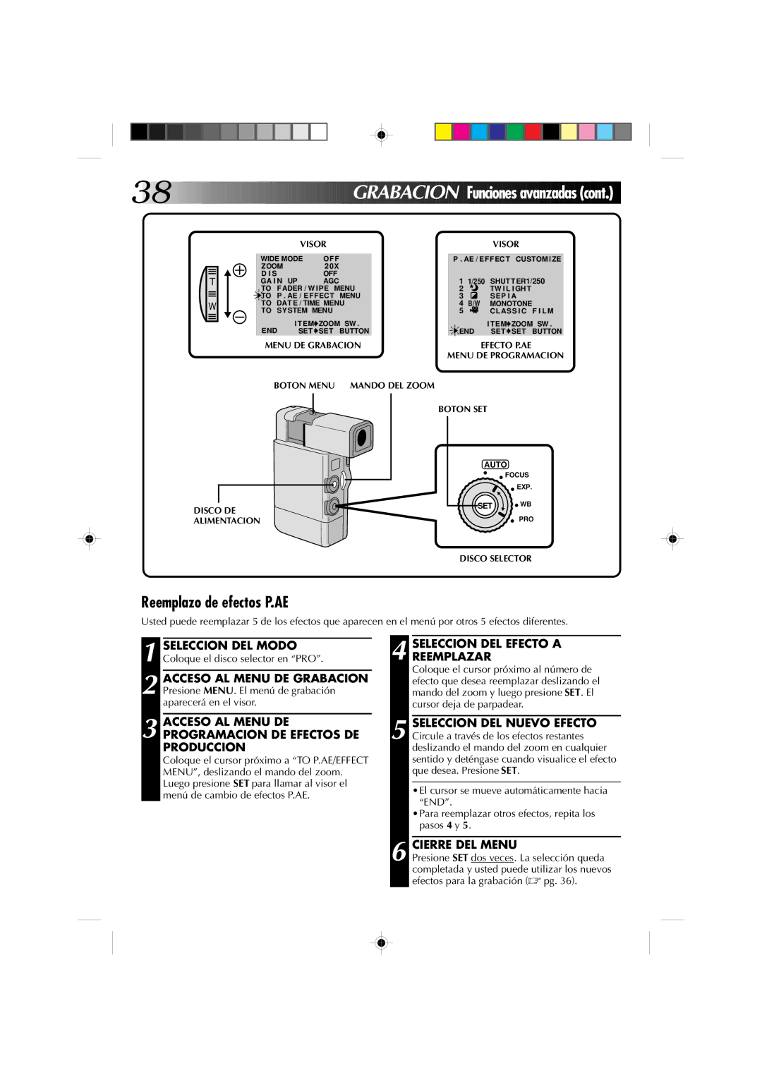 JVC GR-DV1 manual Reemplazo de efectos P.AE, Acceso AL Menu DE Programacion DE Efectos DE Produccion 