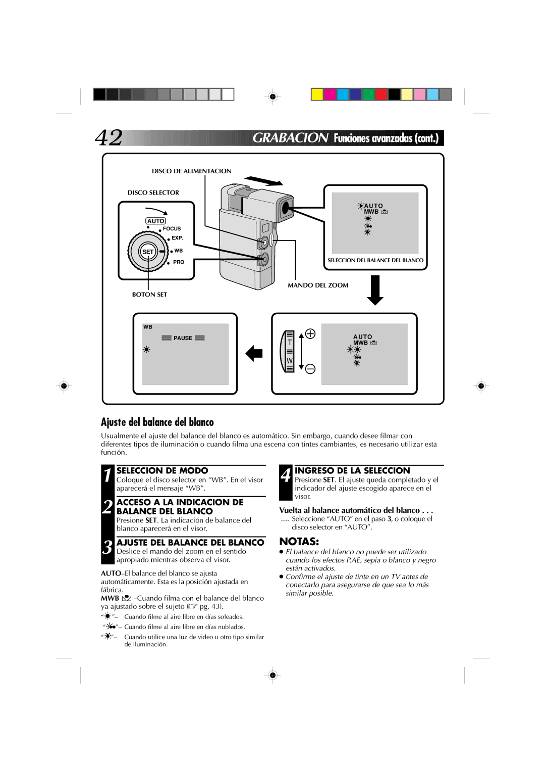 JVC GR-DV1 manual Ajuste del balance del blanco, Acceso a LA Indicacion DE Balance DEL Blanco 