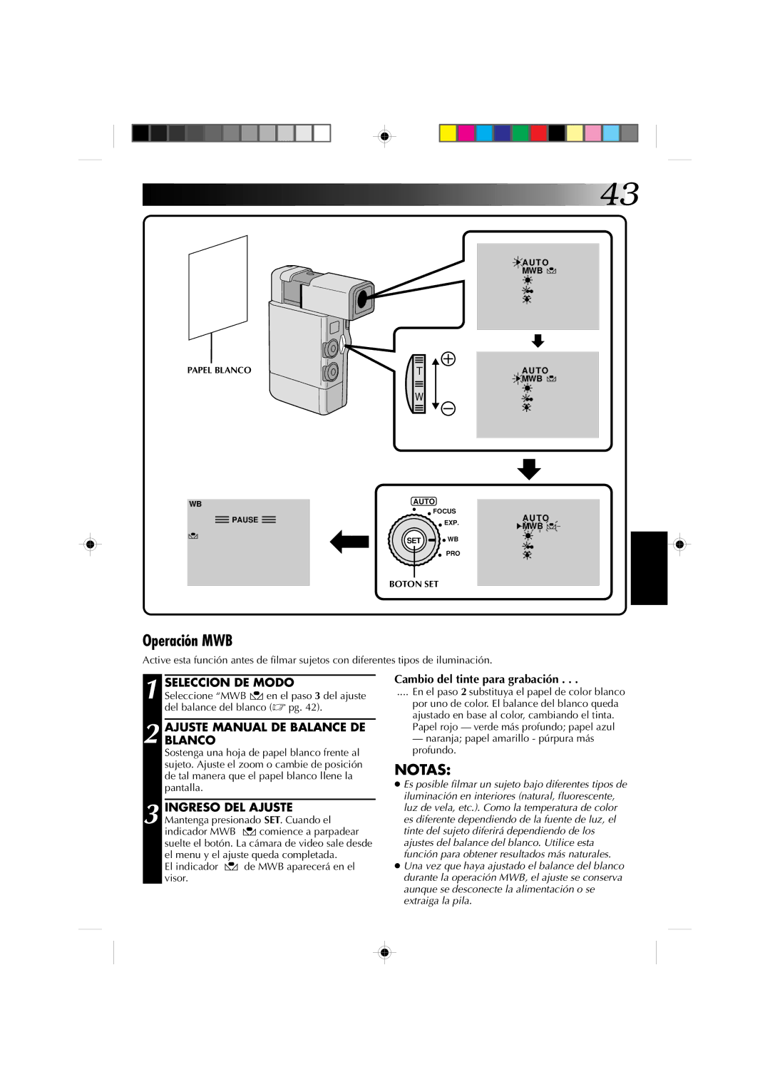 JVC GR-DV1 manual Operación MWB, Ajuste Manual DE Balance DE Blanco, Ingreso DEL Ajuste Mantenga presionado SET. Cuando el 