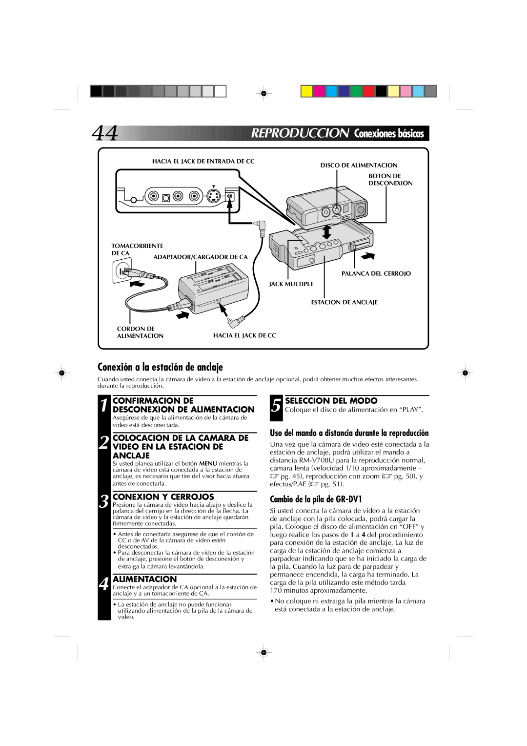 JVC manual Reproducci O N Conexiones básicas, Conexión a la estación de anclaje, Cambio de la pila de GR-DV1 