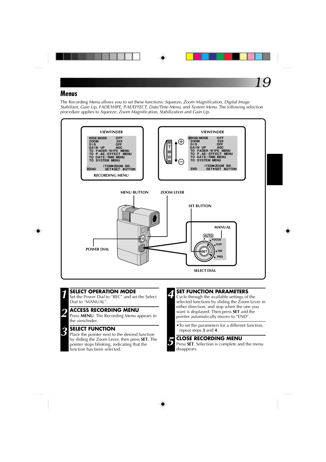 JVC GR-DV1 manual Menus, Select Function, Close Recording Menu, Set the Power Dial to REC and set the Select Dial to Manual 