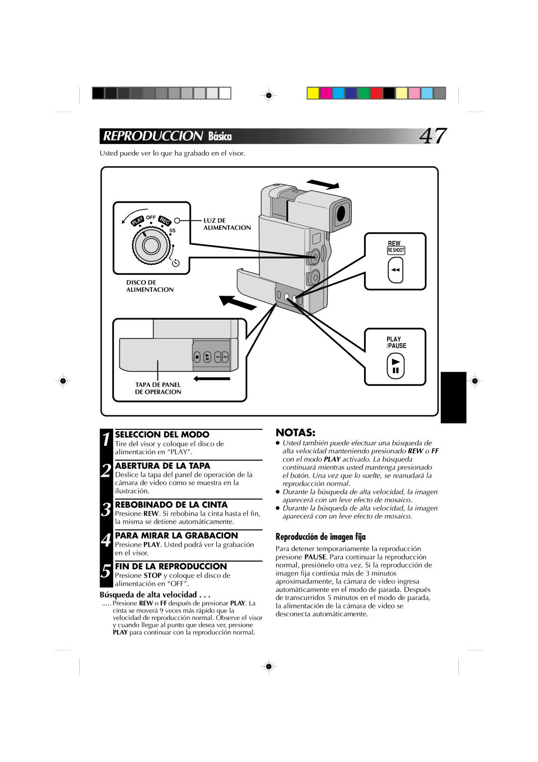 JVC GR-DV1 manual Reproduccion Básica, Reproducción de imagen fija, Abertura DE LA Tapa, Búsqueda de alta velocidad 