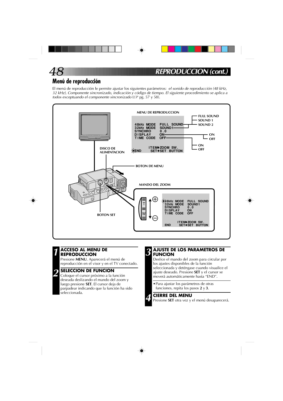 JVC GR-DV1 manual Menú de reproducción, Acceso AL Menu DE Reproduccion, Presione SET otra vez y el menú desaparecerá 