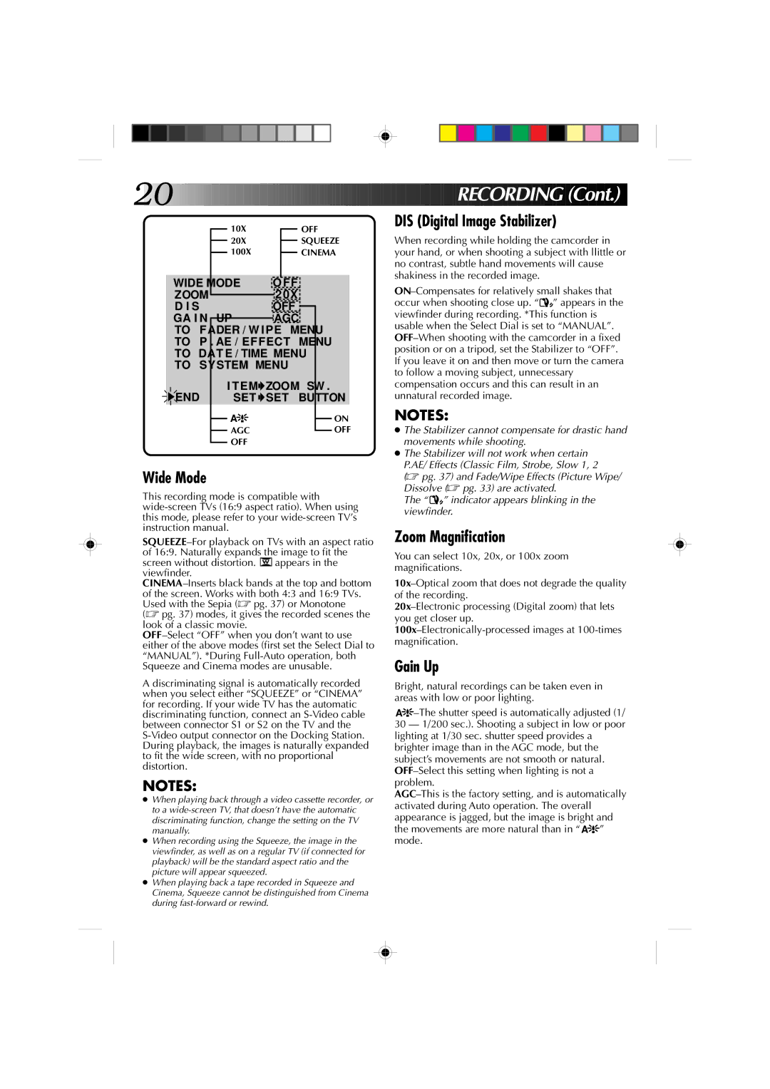 JVC GR-DV1 manual Recor Ding, Wide Mode, DIS Digital Image Stabilizer, Zoom Magnification, Gain Up 