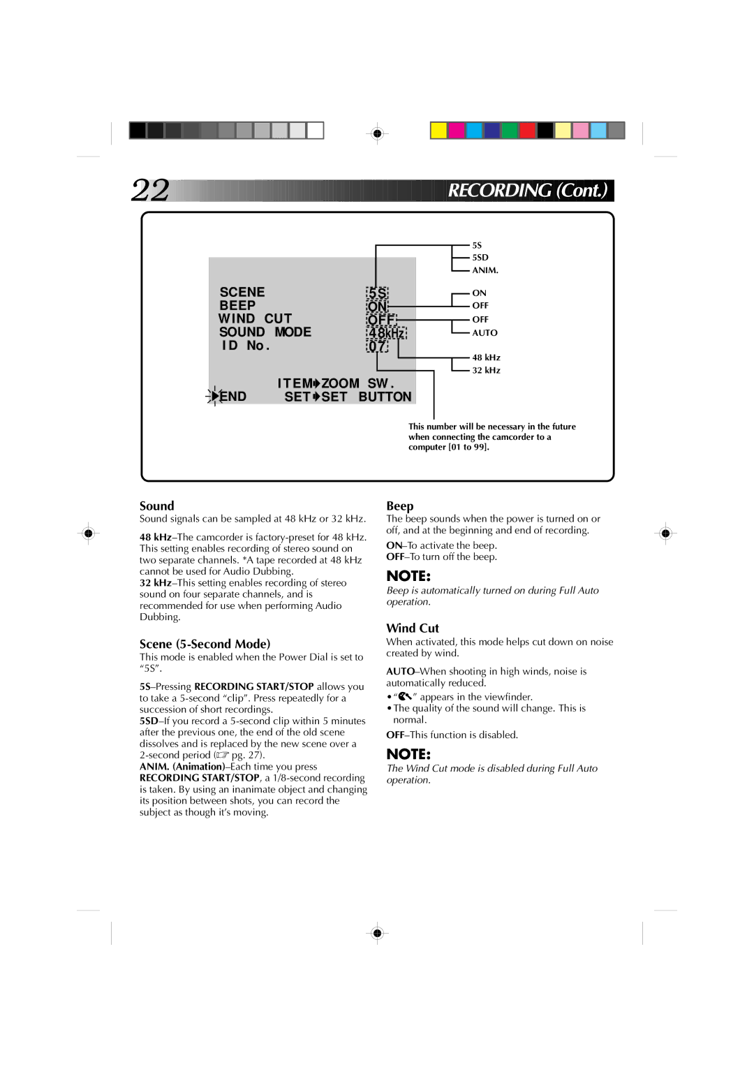 JVC GR-DV1 manual Sound, Scene 5-Second Mode, Beep, Wind Cut 