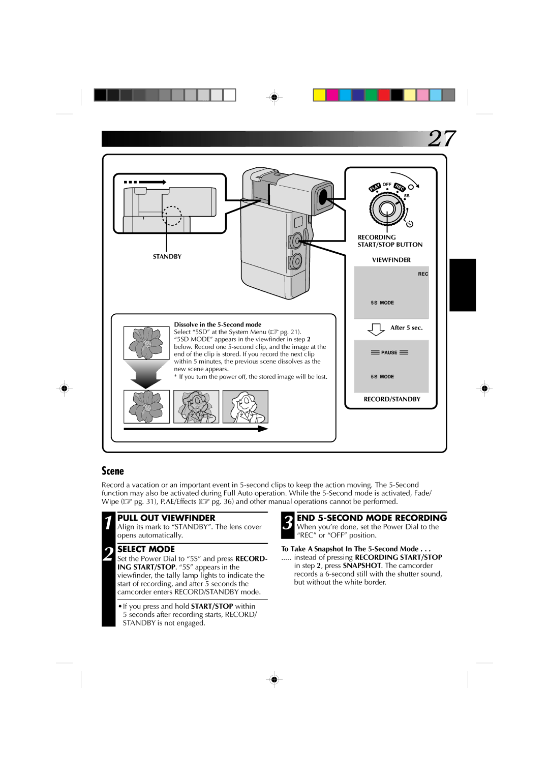 JVC GR-DV1 manual Scene, Select Mode, To Take a Snapshot In The 5-Second Mode, Dissolve in the 5-Second mode, After 5 sec 