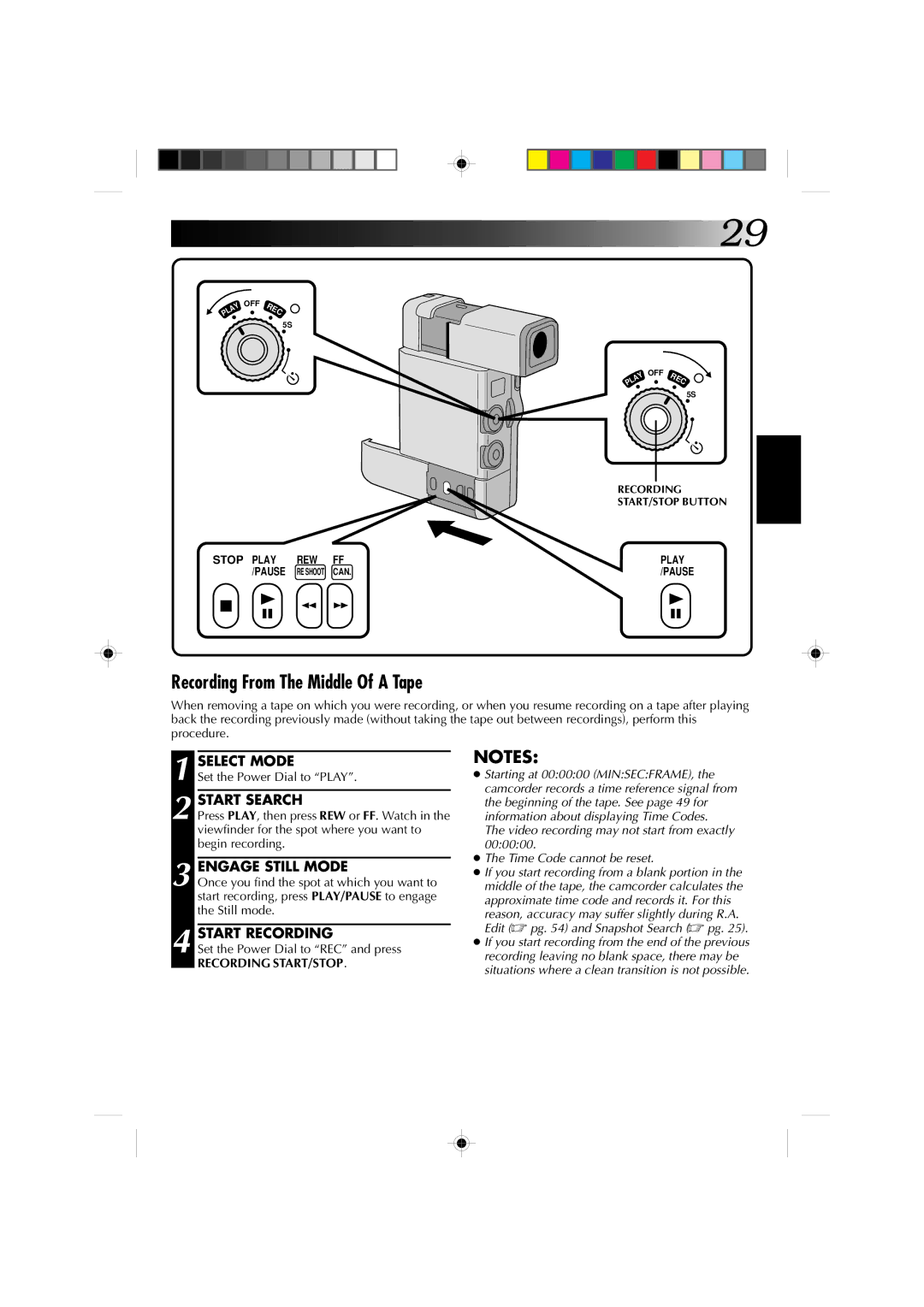 JVC GR-DV1 manual Recording From The Middle Of a Tape, Start Search, Engage Still Mode, Recording START/STOP 