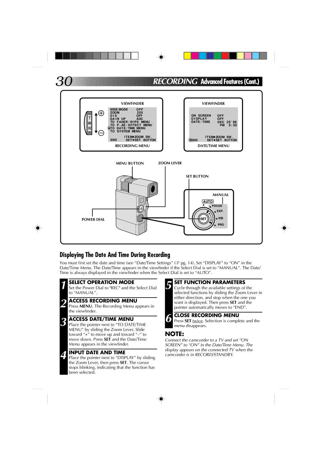 JVC GR-DV1 manual Displaying The Date And Time During Recording, Select Operation Mode 