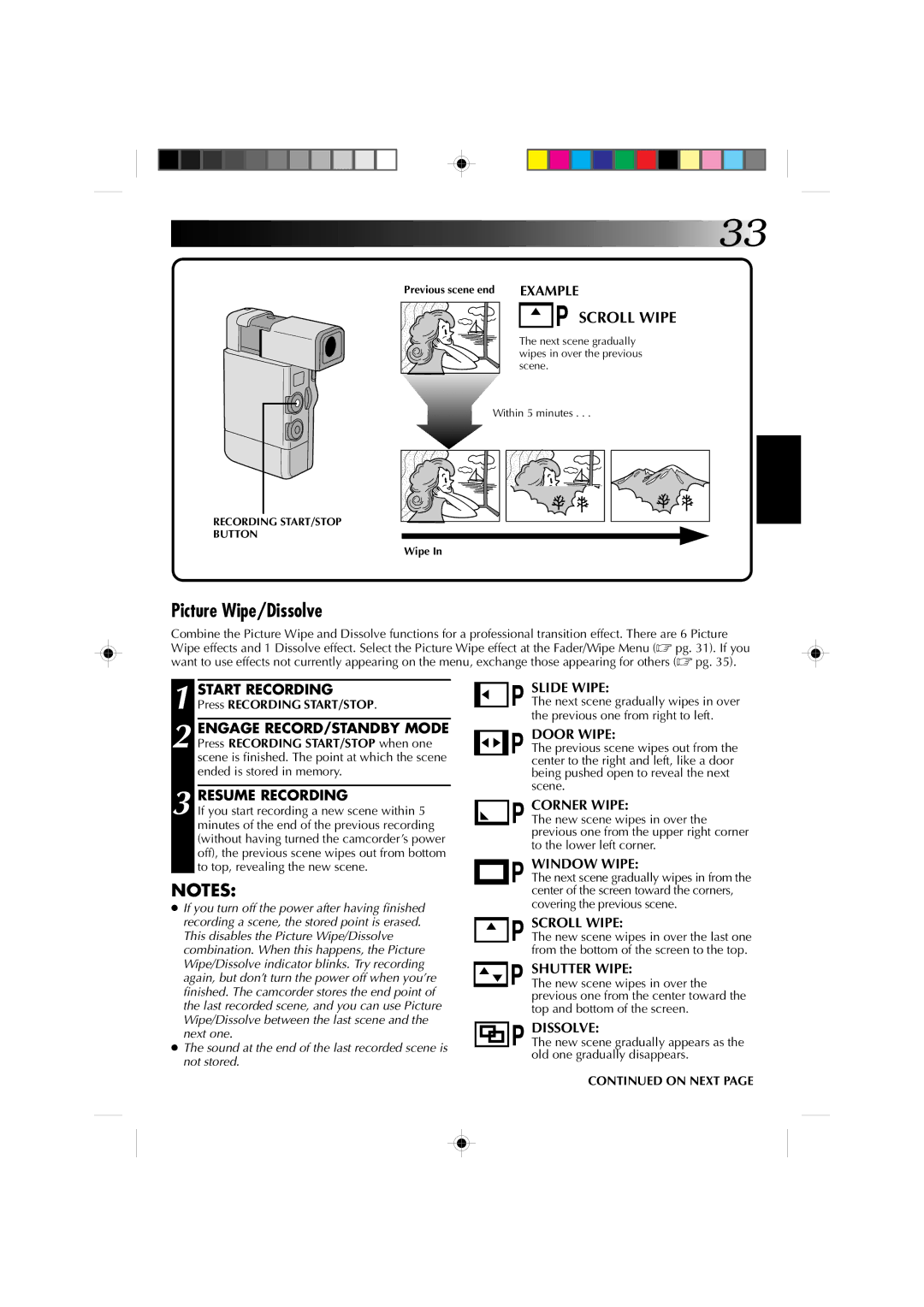 JVC GR-DV1 manual Picture Wipe/Dissolve, Resume Recording, Press Recording START/STOP, Covering the previous scene 