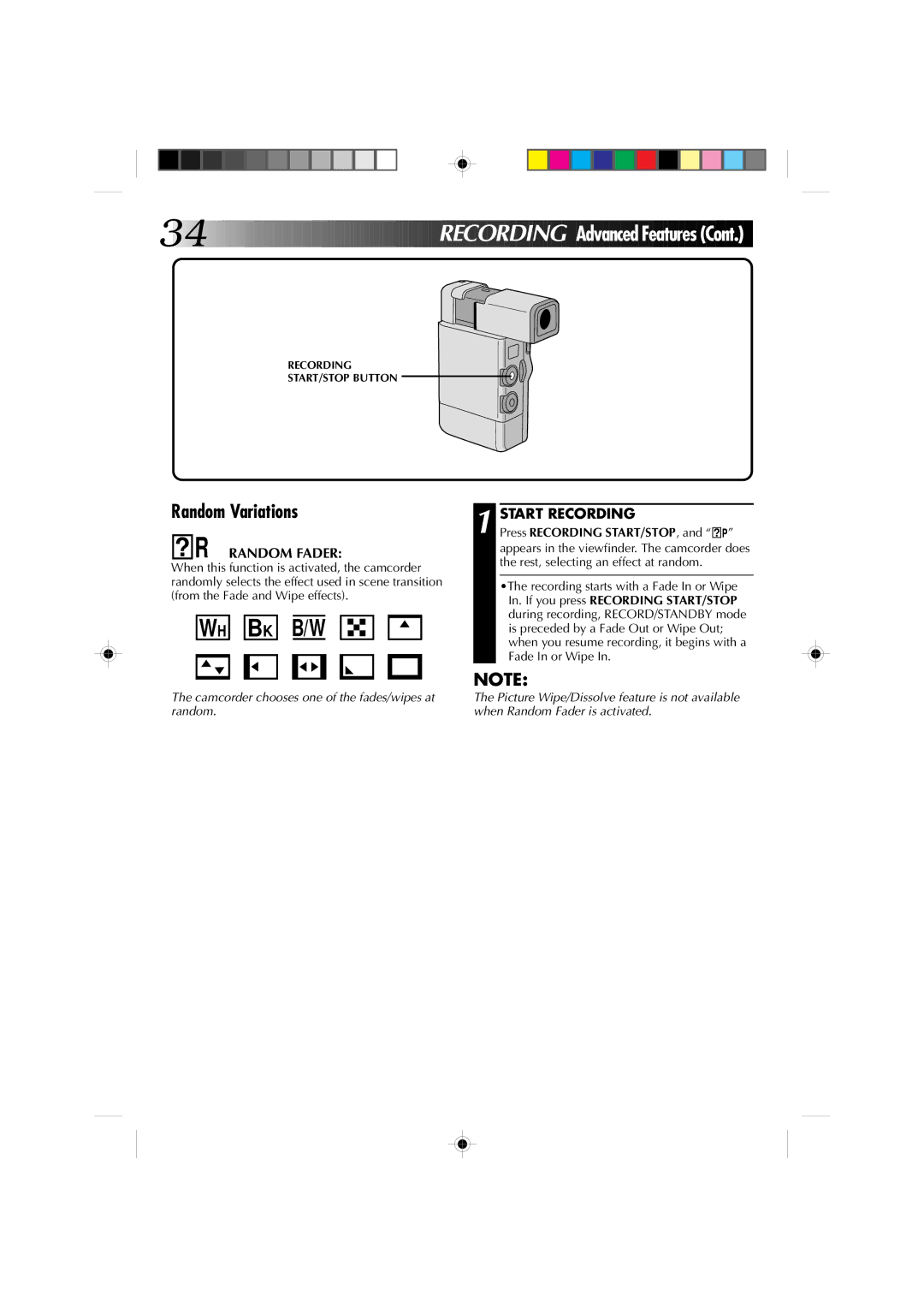 JVC GR-DV1 manual Random Variations, ? R Random Fader, Press Recording START/STOP, and ? P 