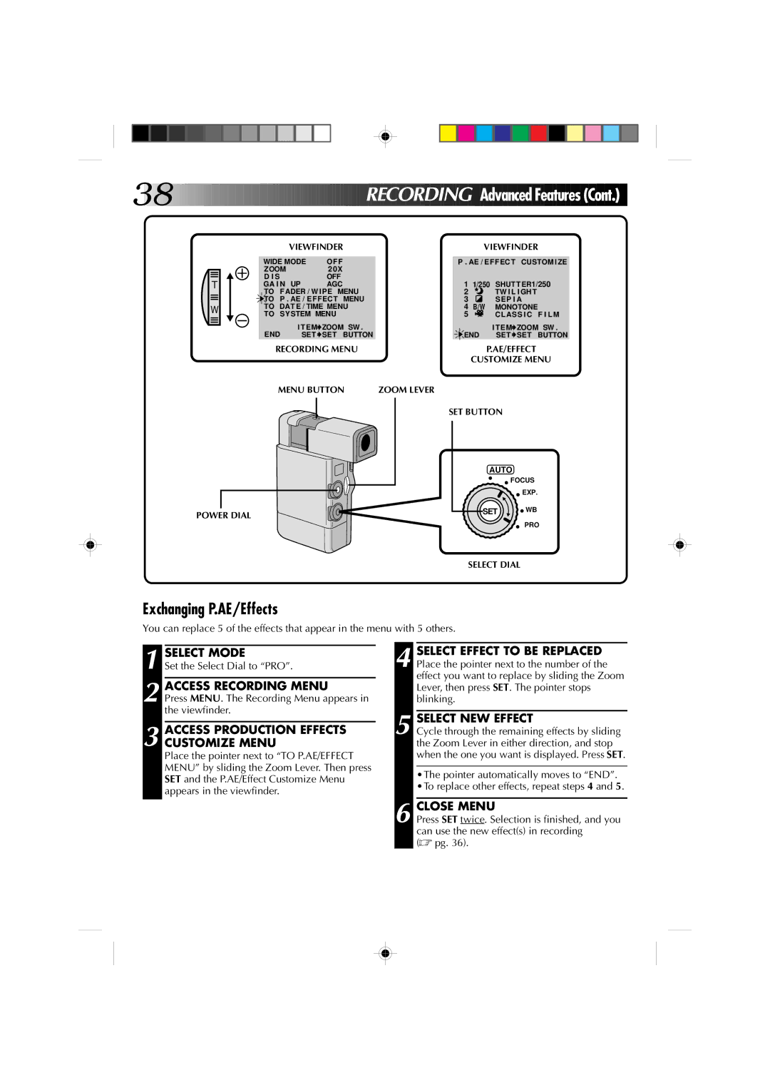 JVC GR-DV1 manual Exchanging P.AE/Effects, Access Production Effects Customize Menu, Set the Select Dial to PRO 