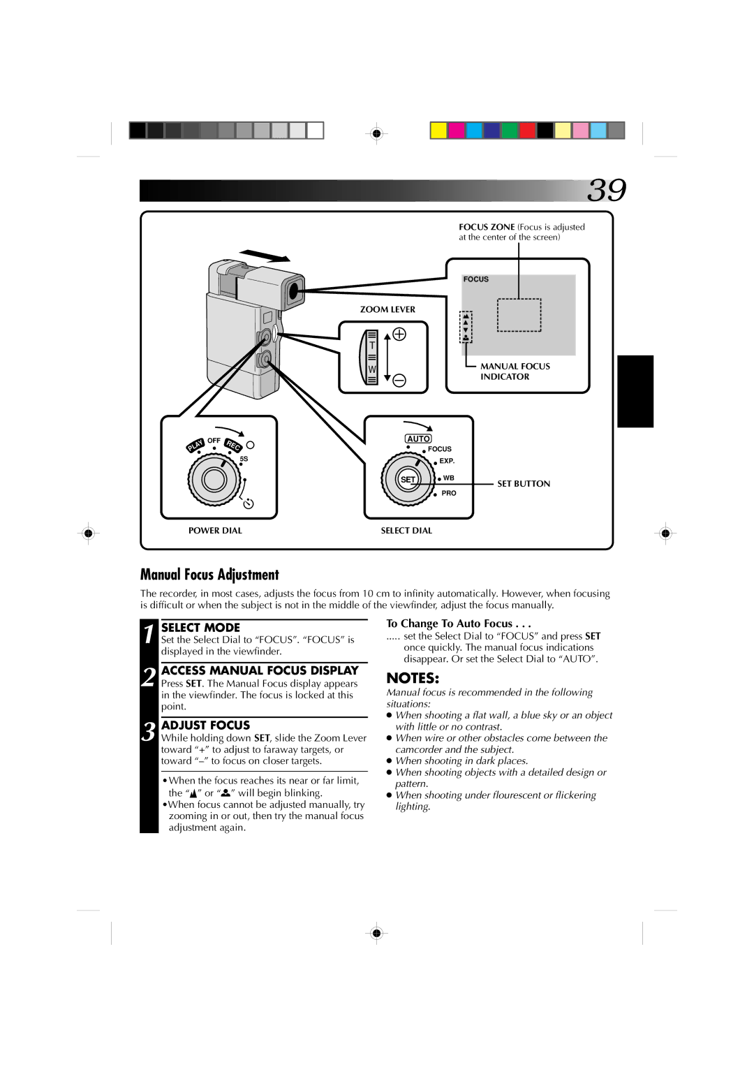 JVC GR-DV1 manual Manual Focus Adjustment, Adjust Focus, To Change To Auto Focus 